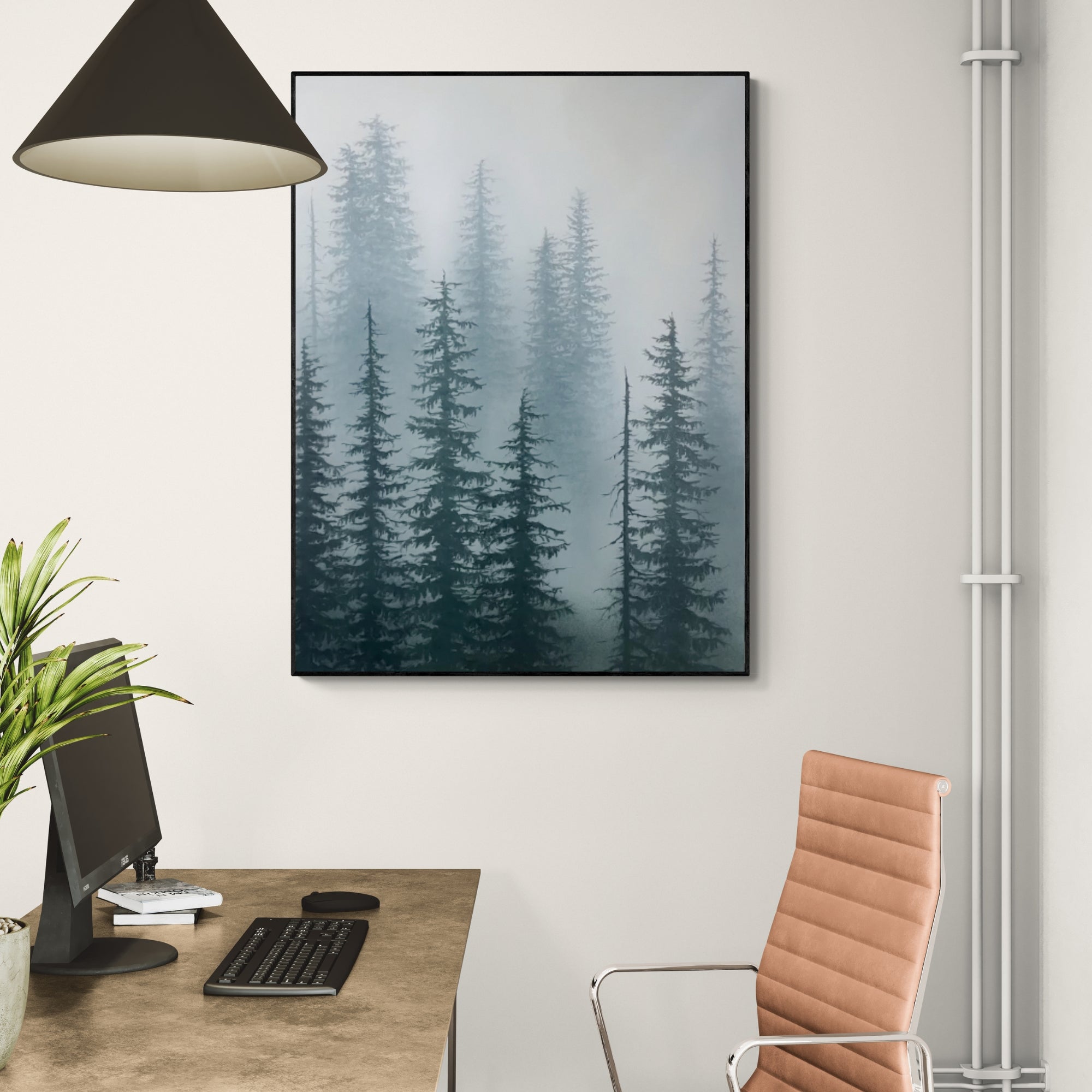 Handmade oil painting of misty pine forest, ideal for modern offices or workspaces seeking calm and creative energy.