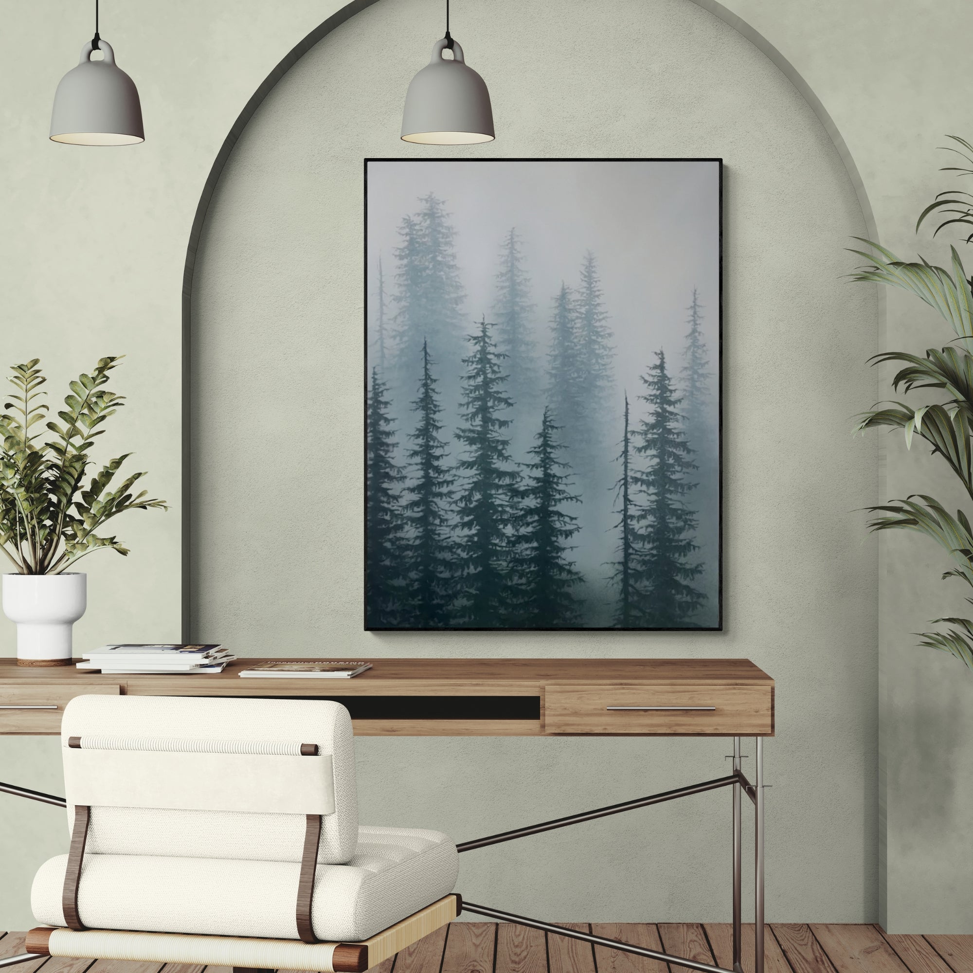 Elegant misty pine oil artwork, handmade to bring depth and calm to any stylish study or reading nook.