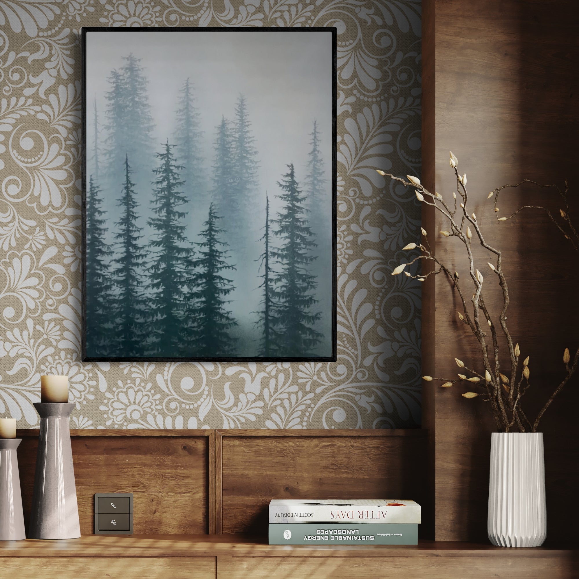 Soothing handmade oil painting with misty trees, perfect for Scandinavian-style homes or minimalist living room interiors.