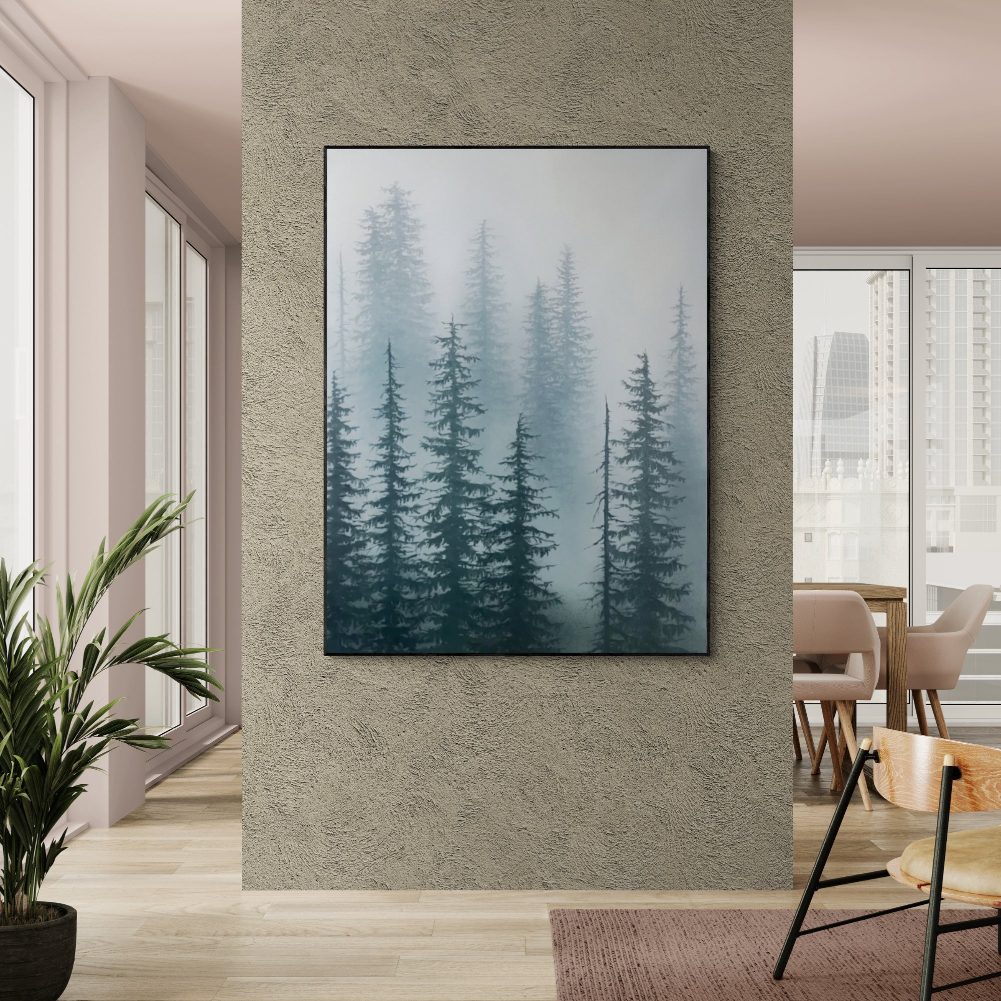 Handmade oil painting of misty forest, perfect for a modern living room or hallway to bring calm, nature-inspired decor.