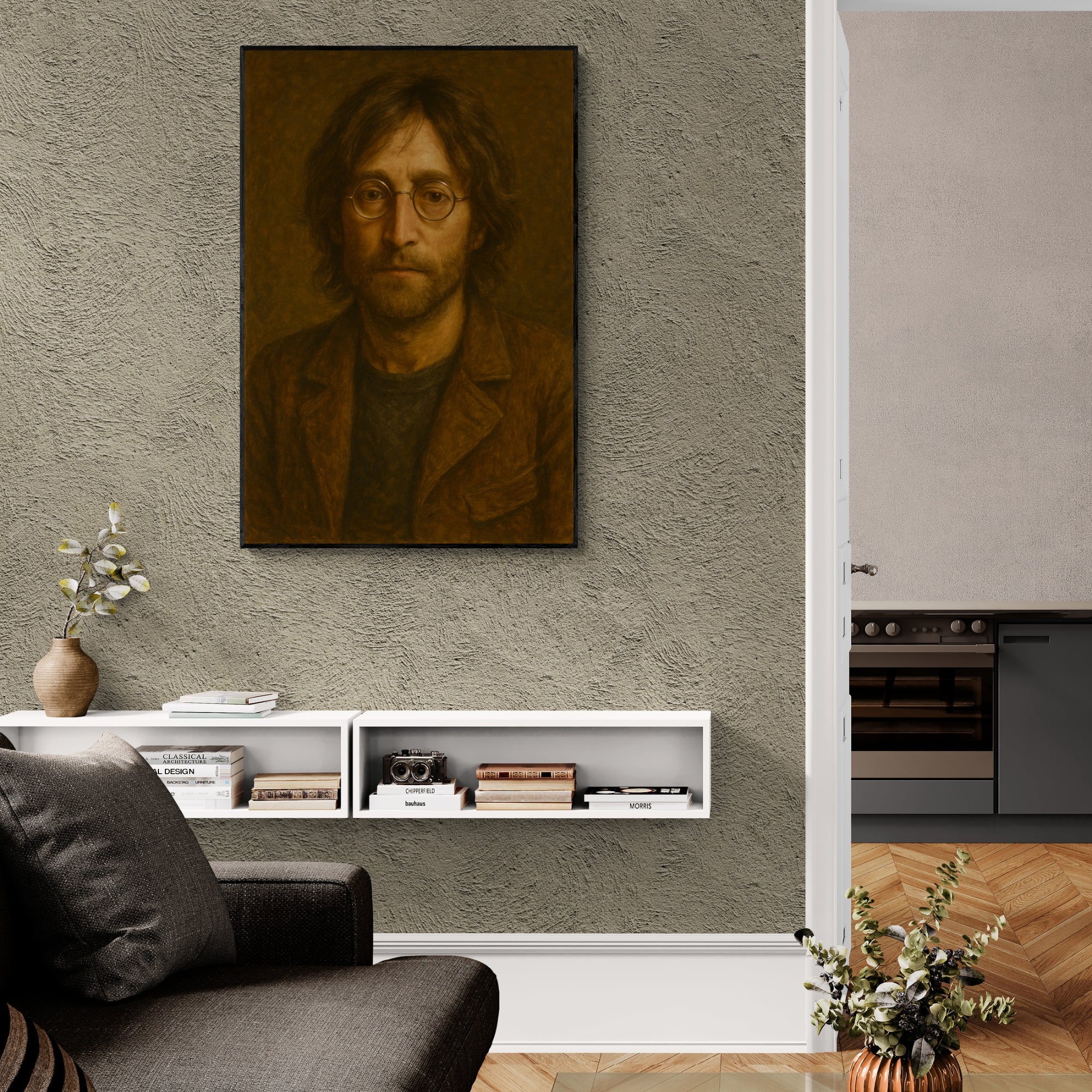 Timeless John Lennon handmade oil portrait, a great centerpiece for minimalist or boho-style interiors.