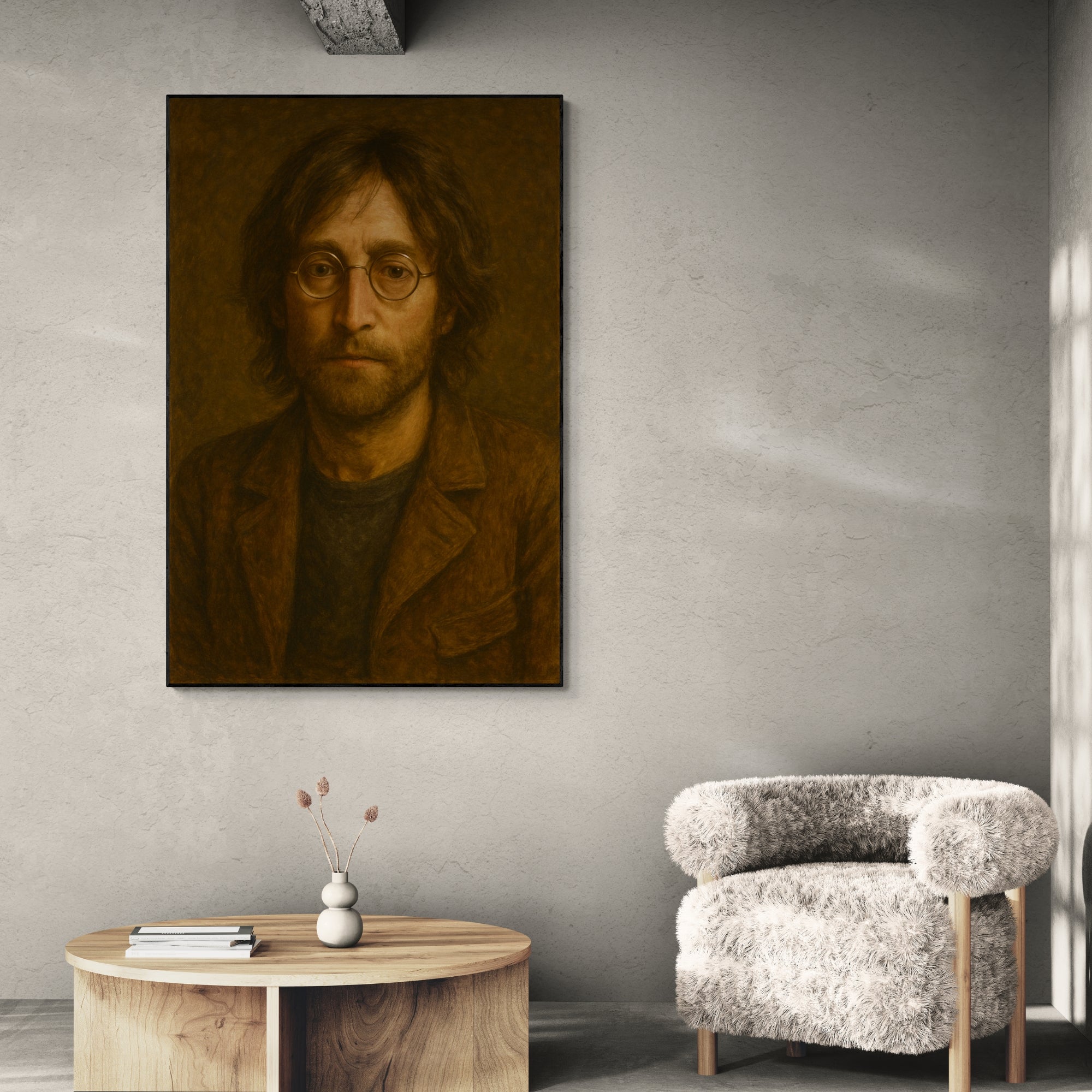 Artistic oil painting of John Lennon, adds vintage character to living spaces or home music rooms.