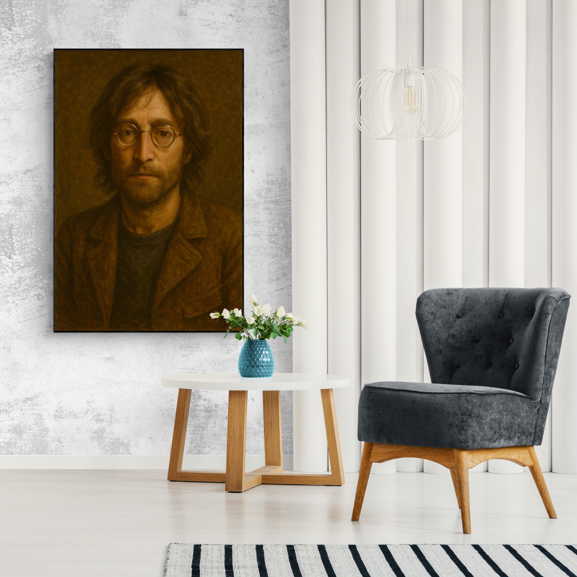 Handmade oil painting of John Lennon, ideal for a modern living room or creative studio wall decor.