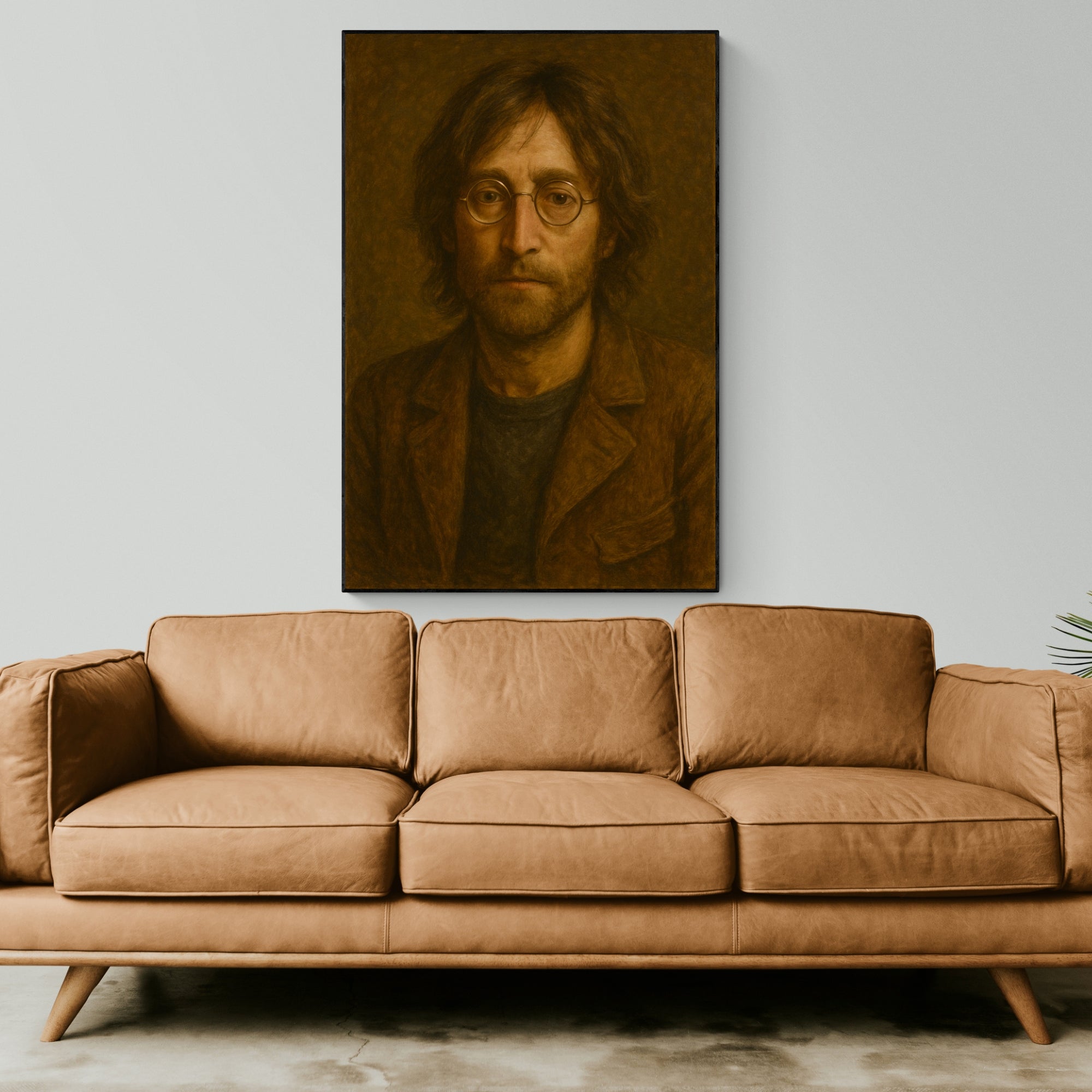 Richly painted John Lennon portrait, ideal handmade artwork for fans displayed in music-inspired home decor.