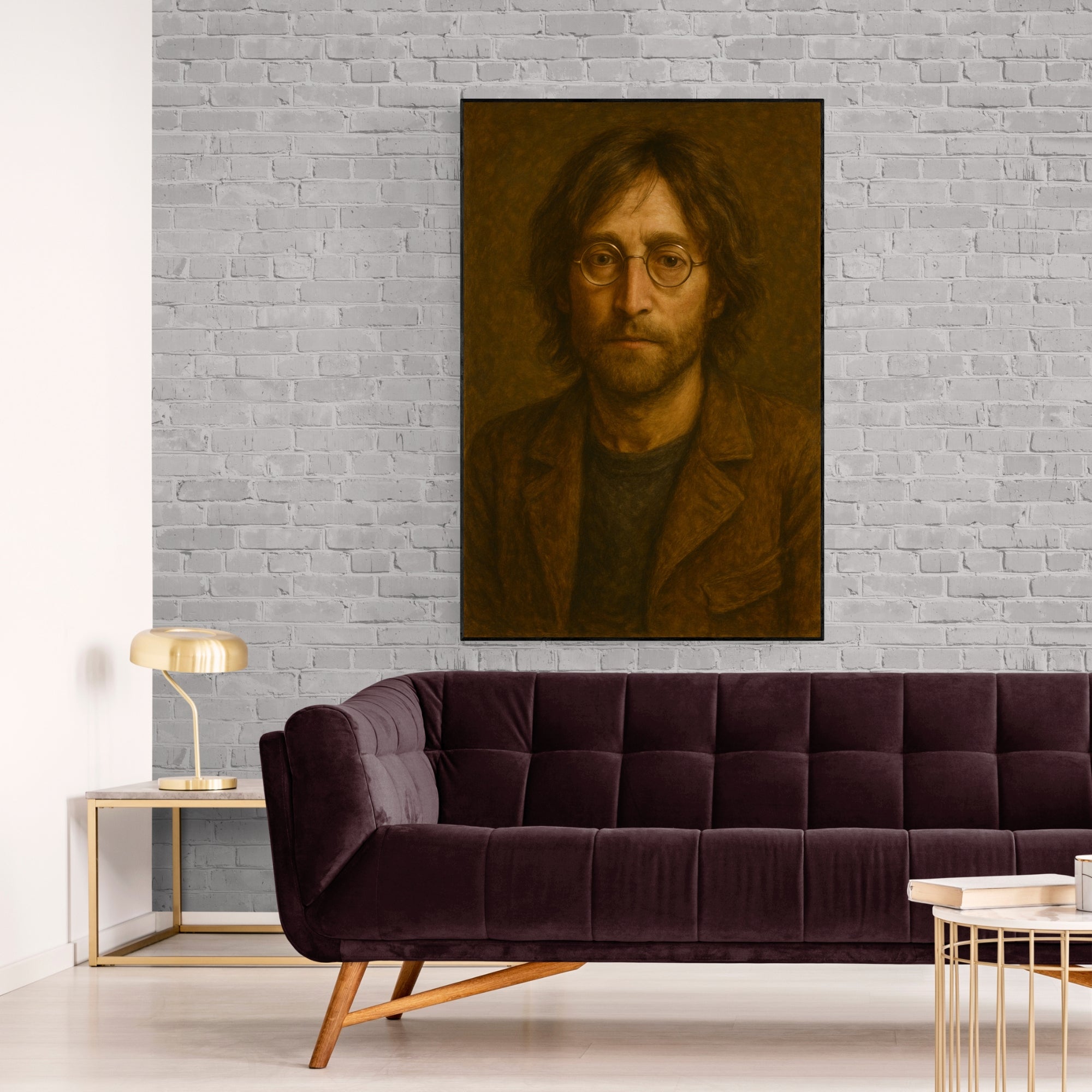 Portrait of John Lennon in warm tones, perfect handmade oil painting for a cozy reading nook or music-themed lounge