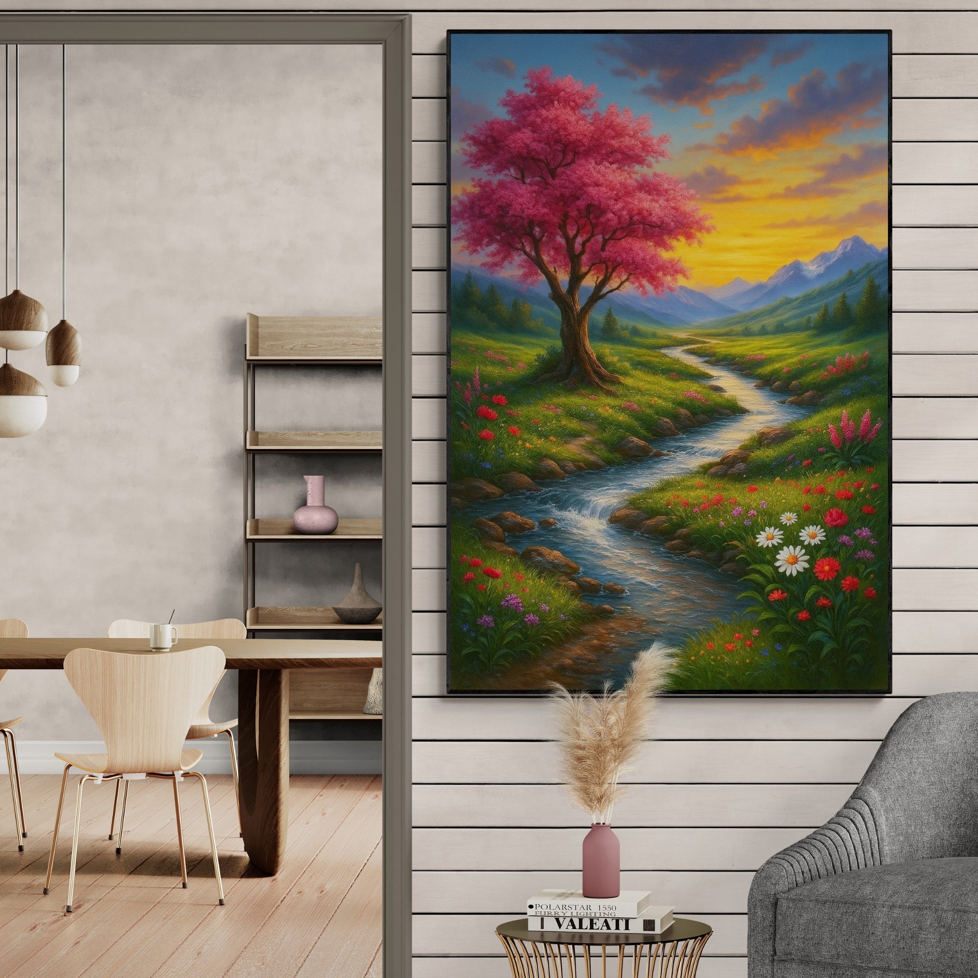 A handmade oil painting depicting a vibrant pink tree blossoming beside a winding river, with a glowing sunset sky in the background, framed and displayed in a room.