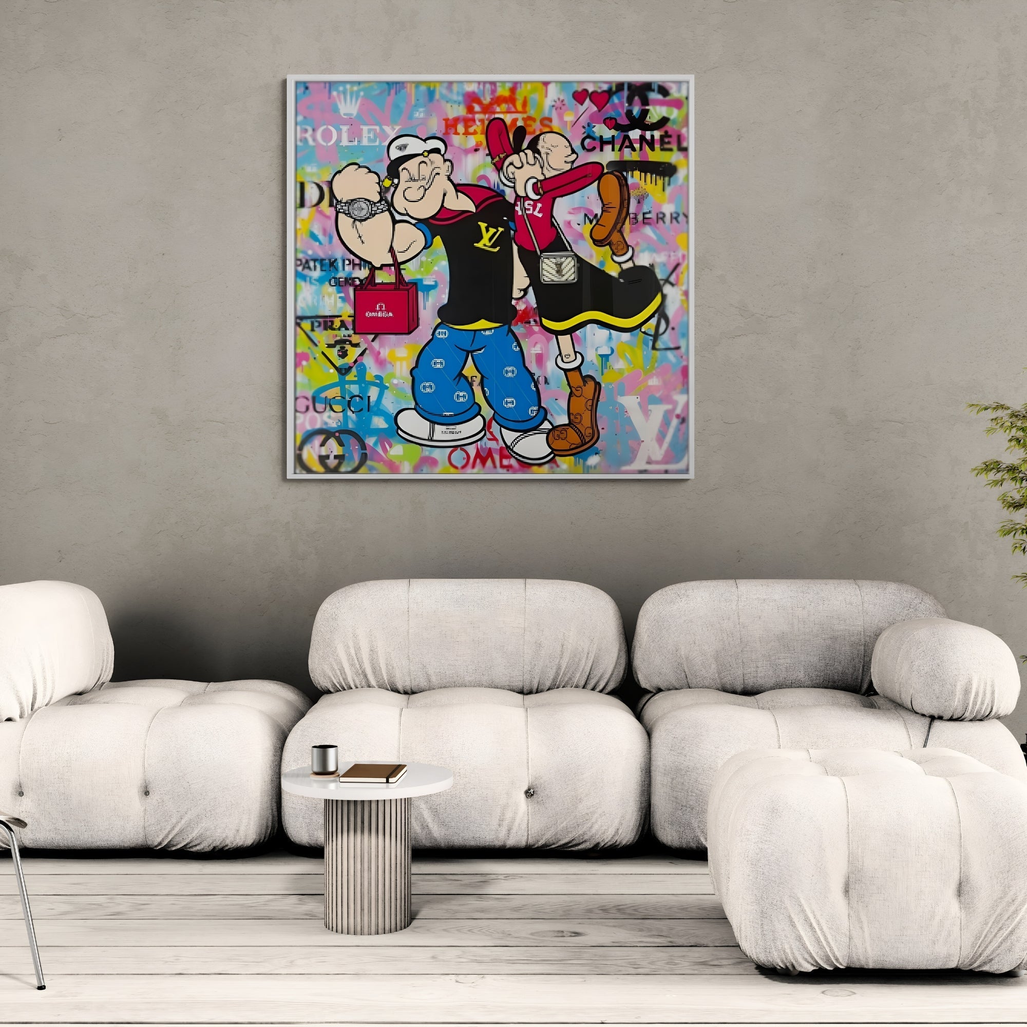 Vibrant pop art featuring Popeye & Olive Oyl in urban fashion, a designer-inspired graffiti canvas for modern interiors.