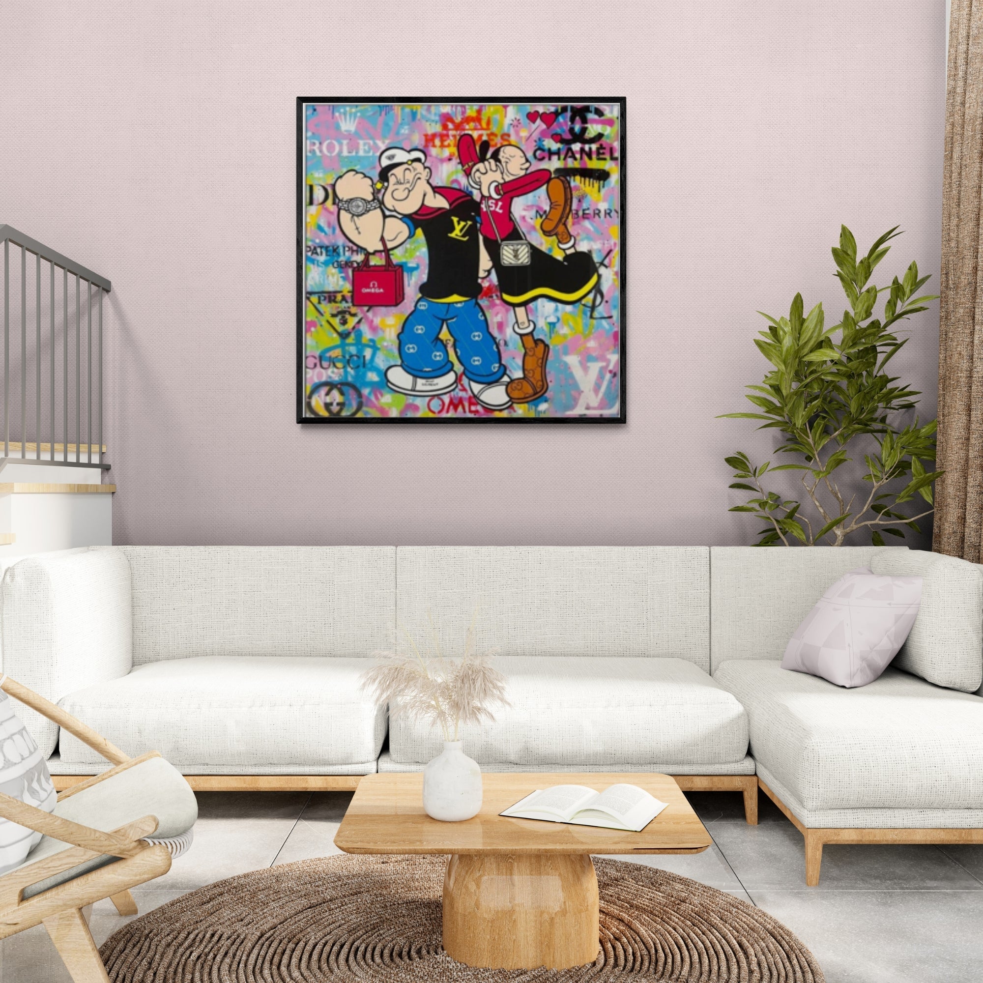 Trendy graffiti pop art of Popeye and Olive Oyl in luxury street style, blending urban culture and high fashion on canvas.