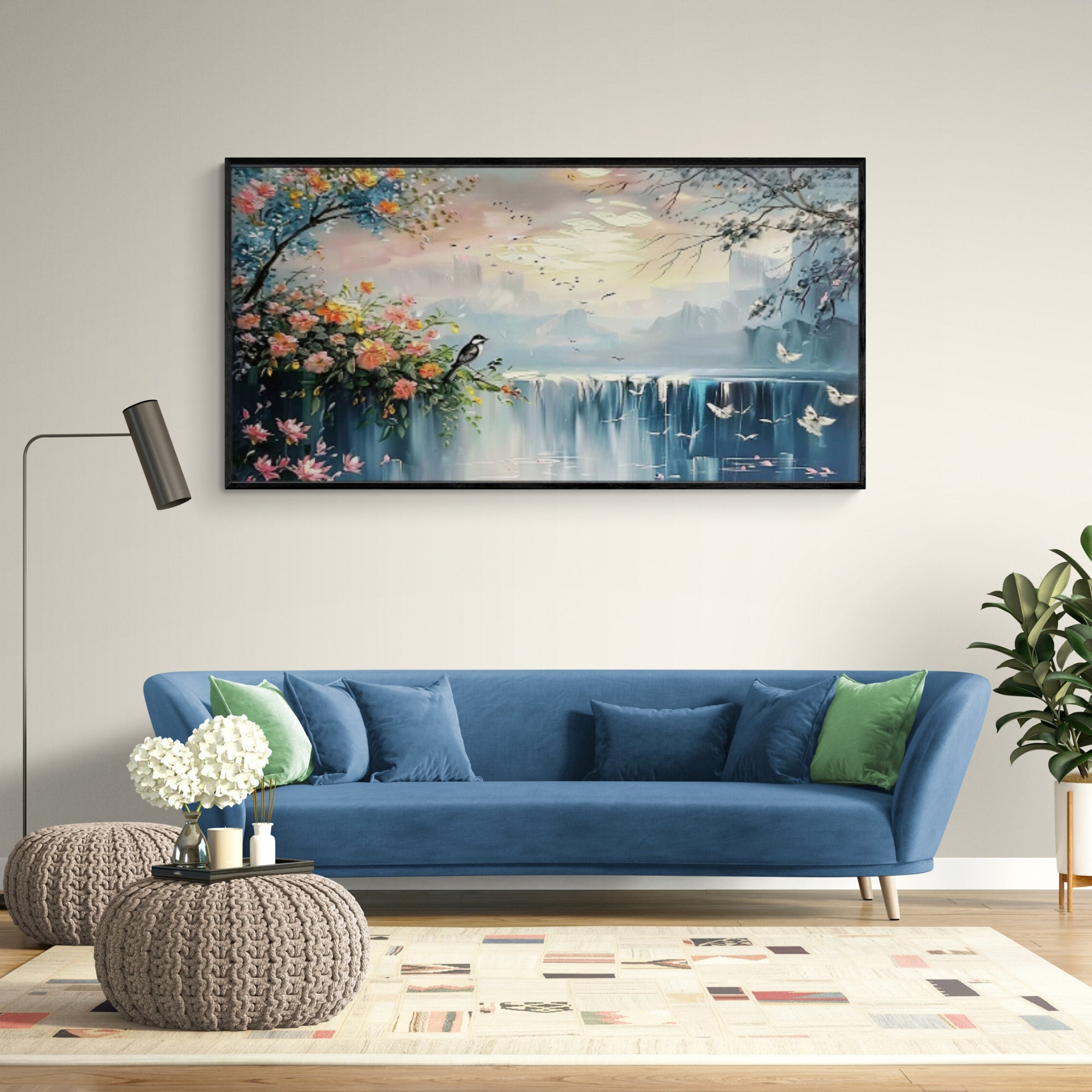 Hand-painted nature oil painting with a misty lake, vibrant florals, and birds in flight. Elegant wall art for modern interior decor