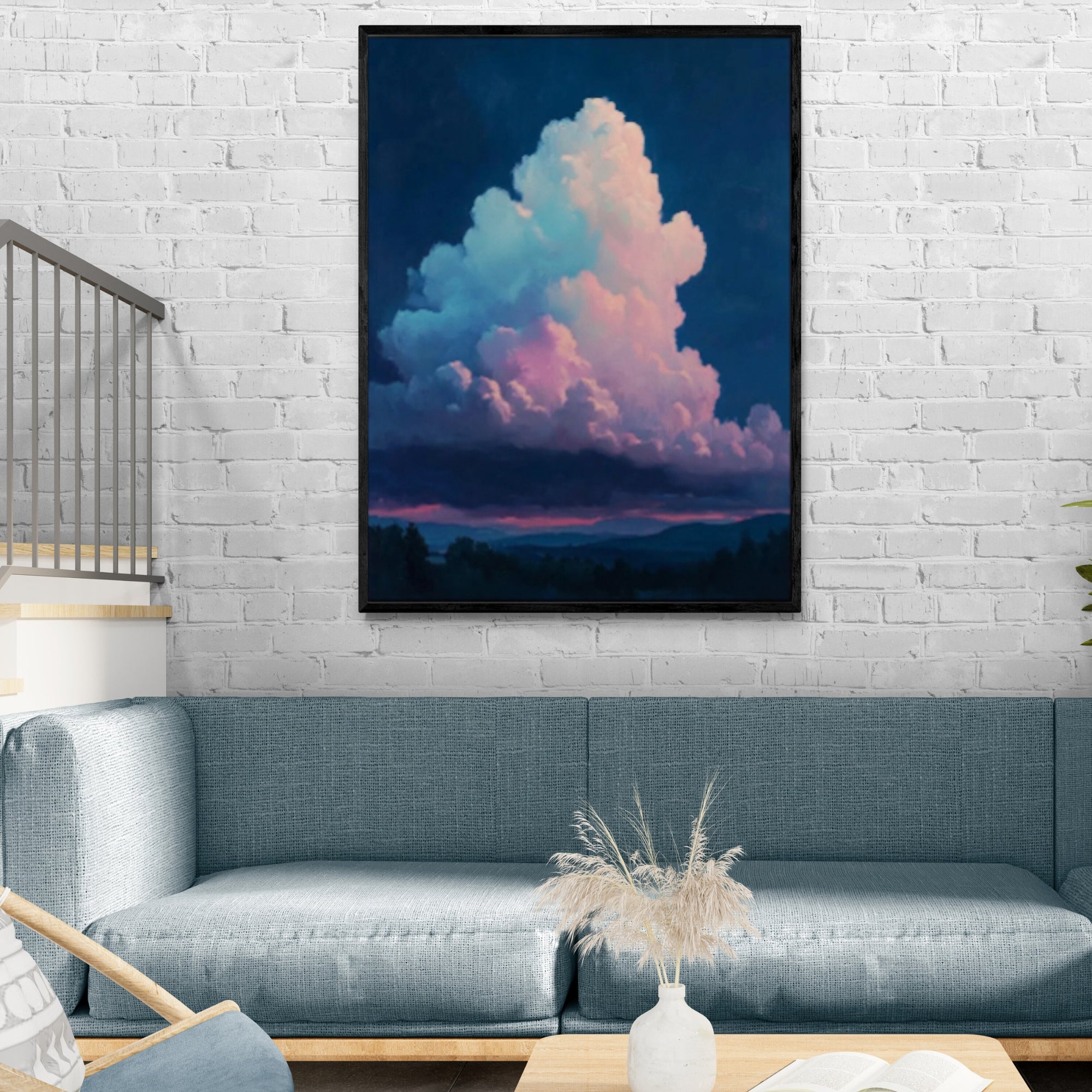 Luxury cloudscape painting with soft pink reflections and a deep blue sky, ideal for modern, minimalist, or rustic interiors.