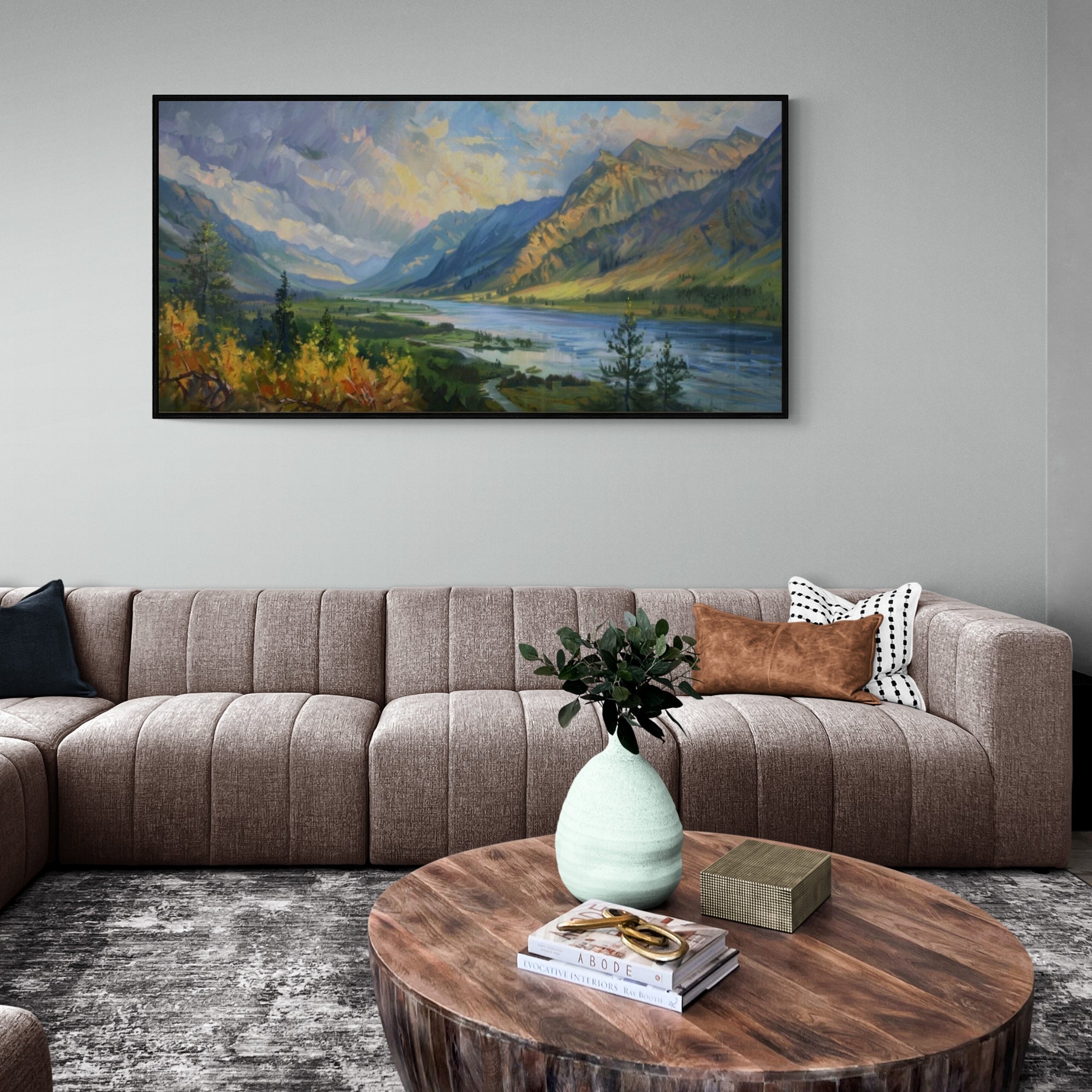 Handmade landscape artwork showcasing autumn trees and a peaceful river, adding warmth to any space.