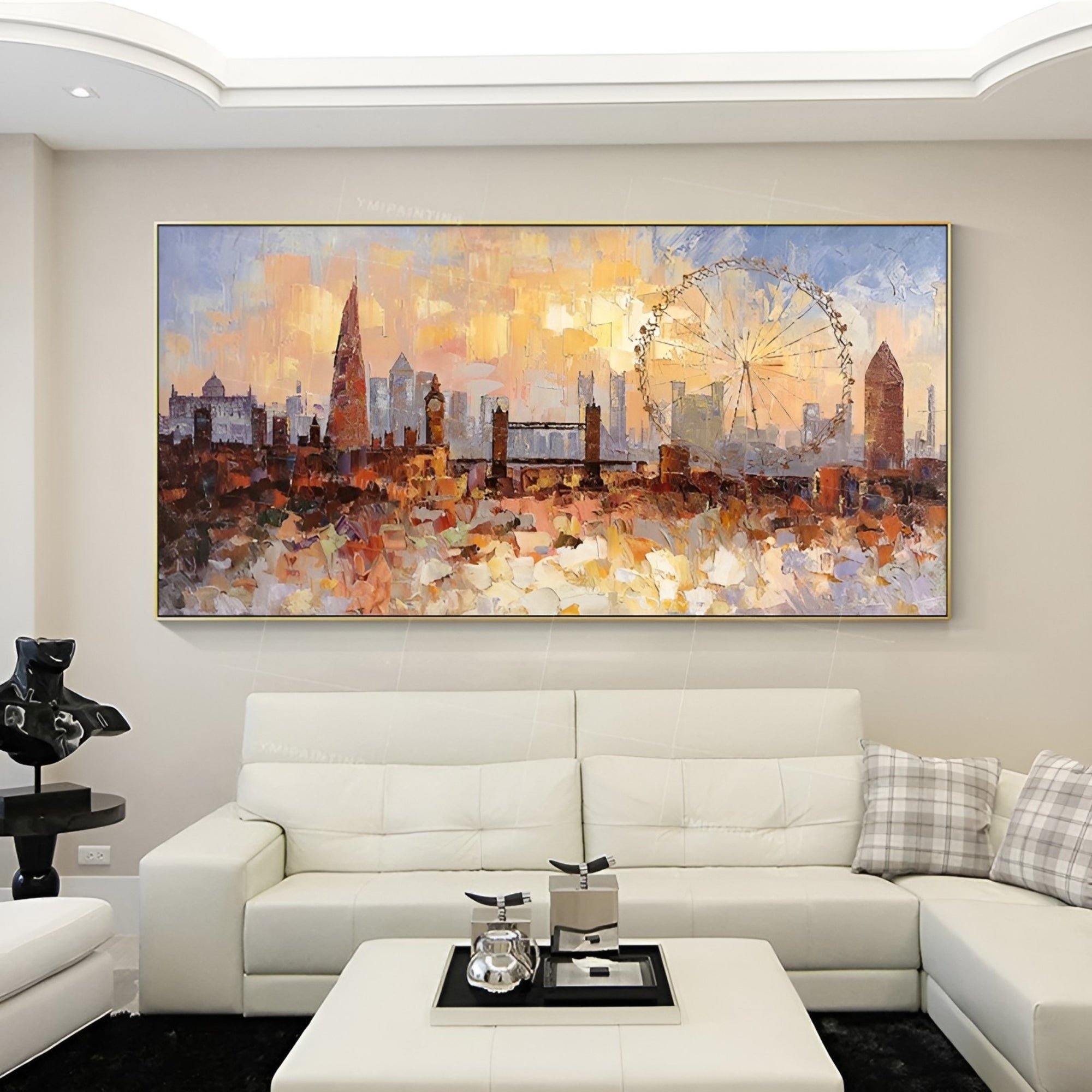 Impressionist skyline of London with bold brushstrokes and golden hues, capturing the city's energy and warmth—ideal for living rooms, entryways, or home offices.