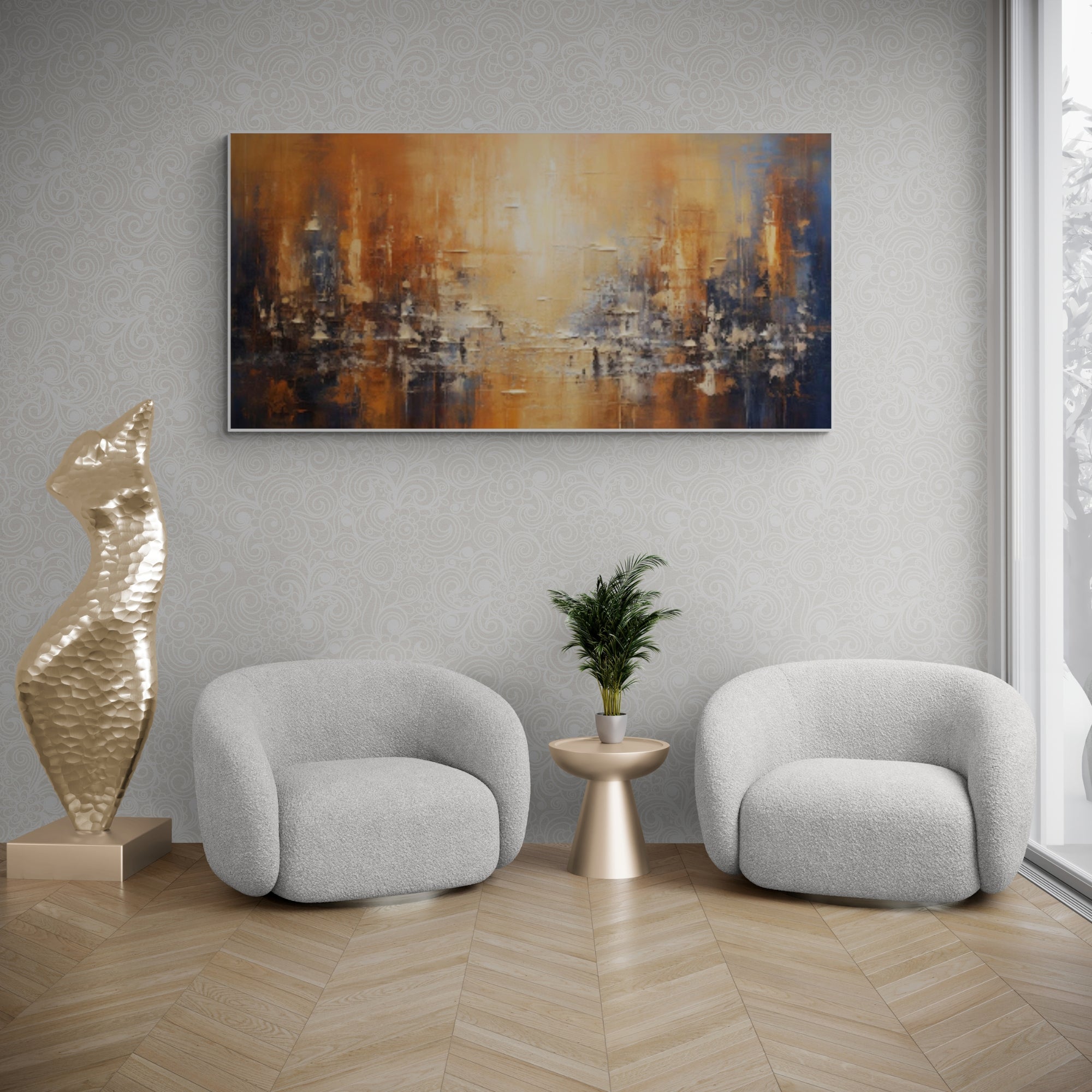 Vibrant oil painting of a reflective skyline – This eye-catching piece fuses warm orange, rust, and deep navy with abstract skyline reflections. A beautiful addition to modern apartments or co-working spaces.
