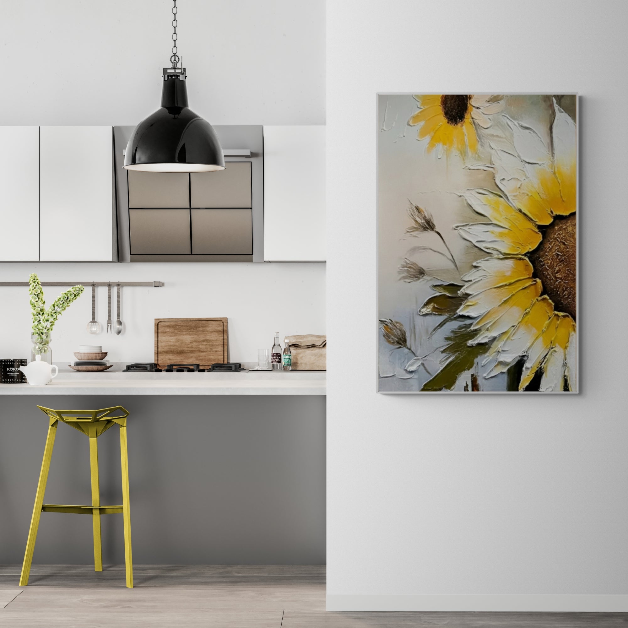 Sunflower oil painting with modern flair – A striking sunflower design that adds a pop of color and charm to minimalist or Scandinavian-style interiors.