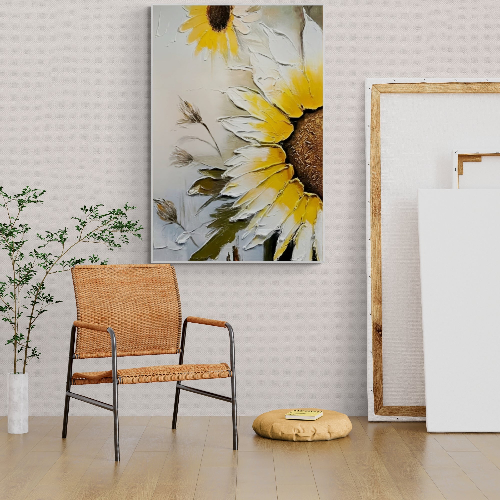 Cheerful sunflower close-up painting – This artwork captures the beauty of blooming sunflowers in a natural, earthy palette, perfect for a relaxed bedroom or hallway.
