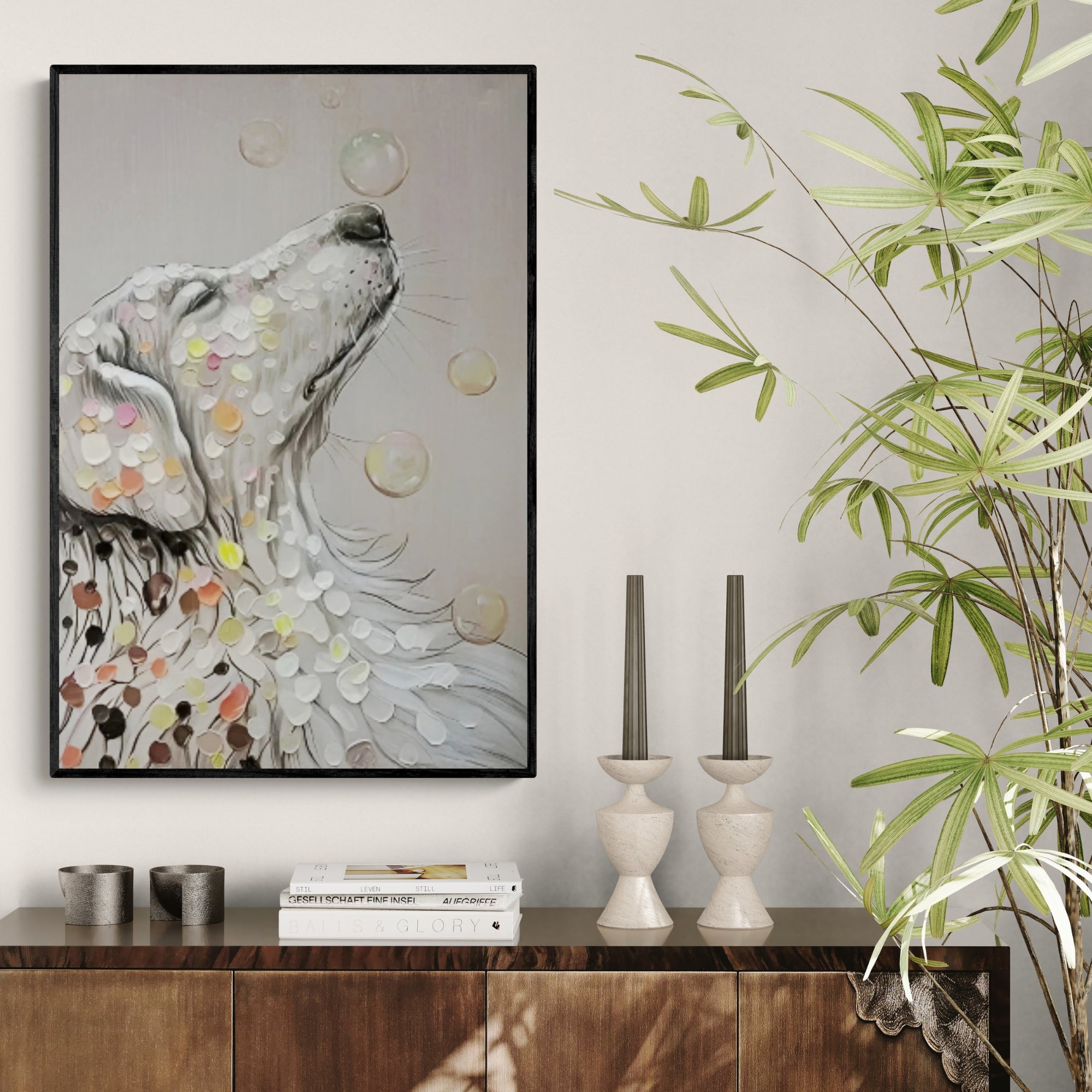 Unique hand-painted dog artwork, great for stylish office decor or soft-toned family rooms