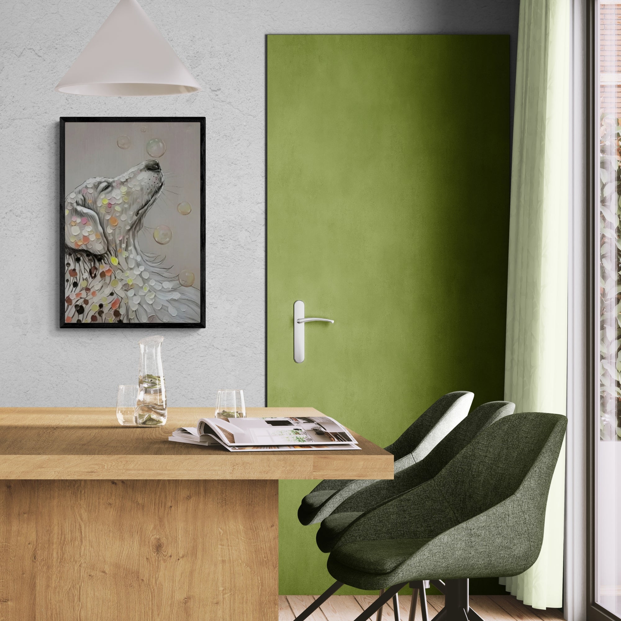 Custom-style dog oil painting, adds charm to neutral-toned bedrooms or relaxed lounge areas