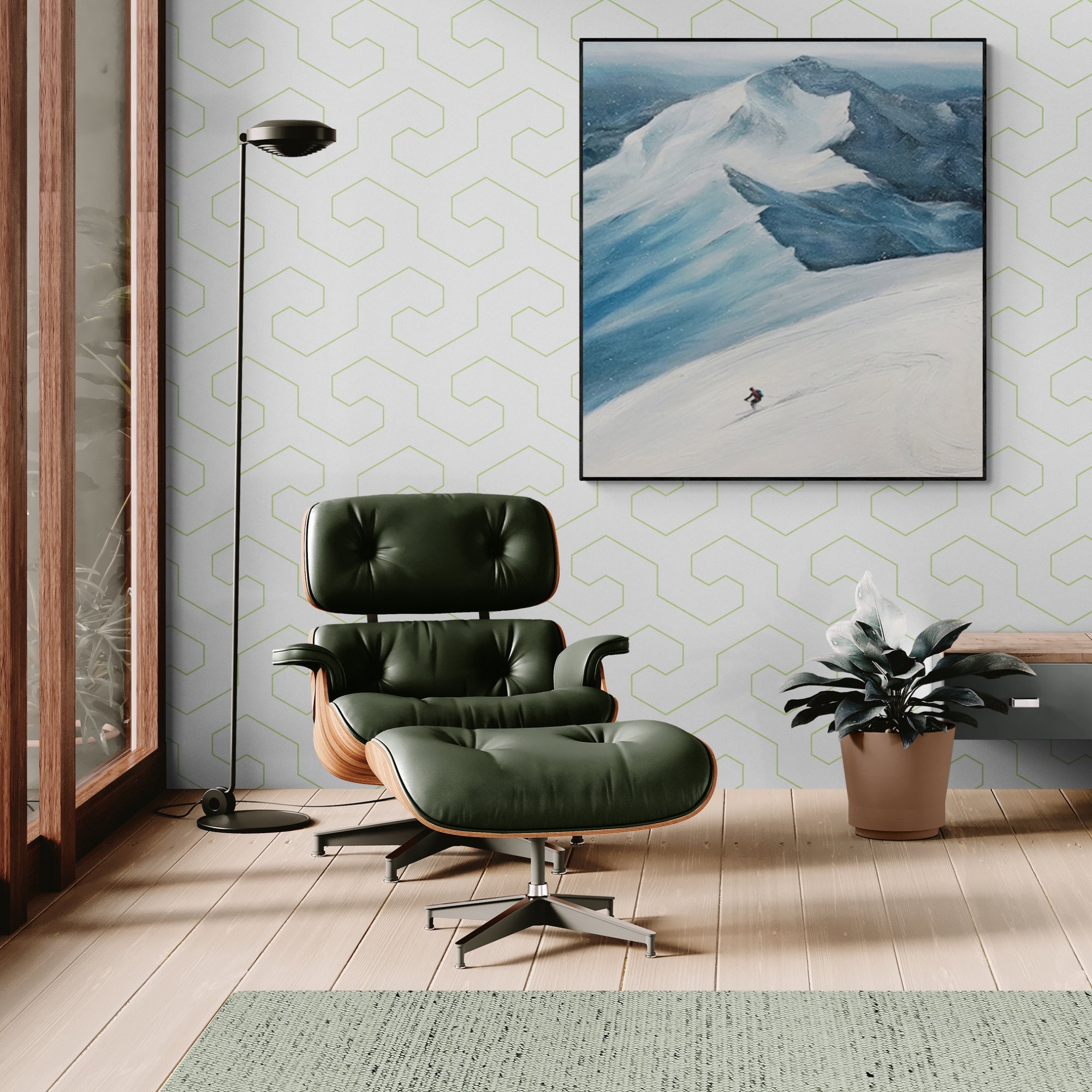 Skier on alpine slope in handmade oil painting, adds depth and energy to minimalist living spaces