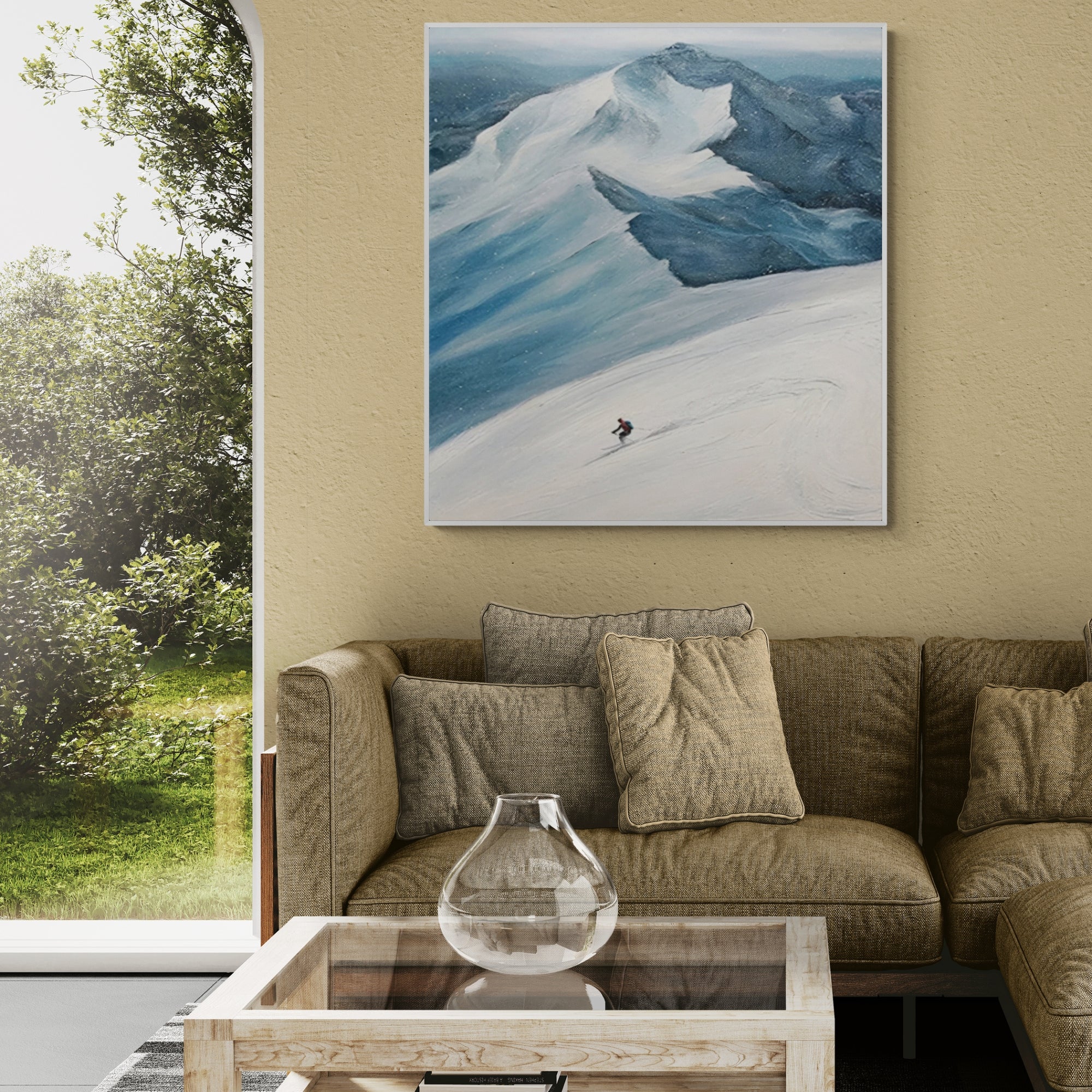 Original oil painting of snowy mountains, perfect for statement walls in creative or serene spaces