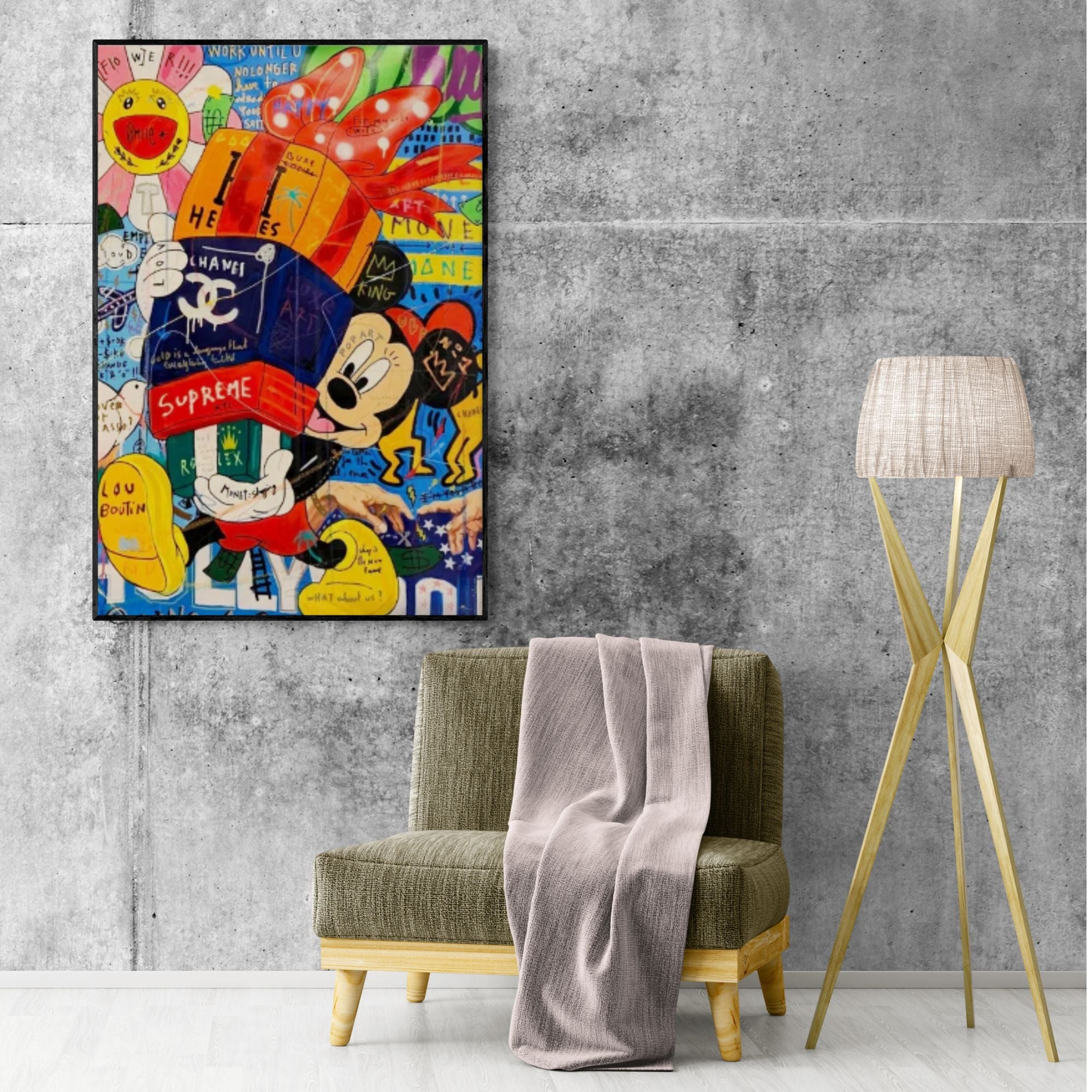 Graffiti-inspired handmade art with luxury theme, adds energy to game rooms or youthful spaces