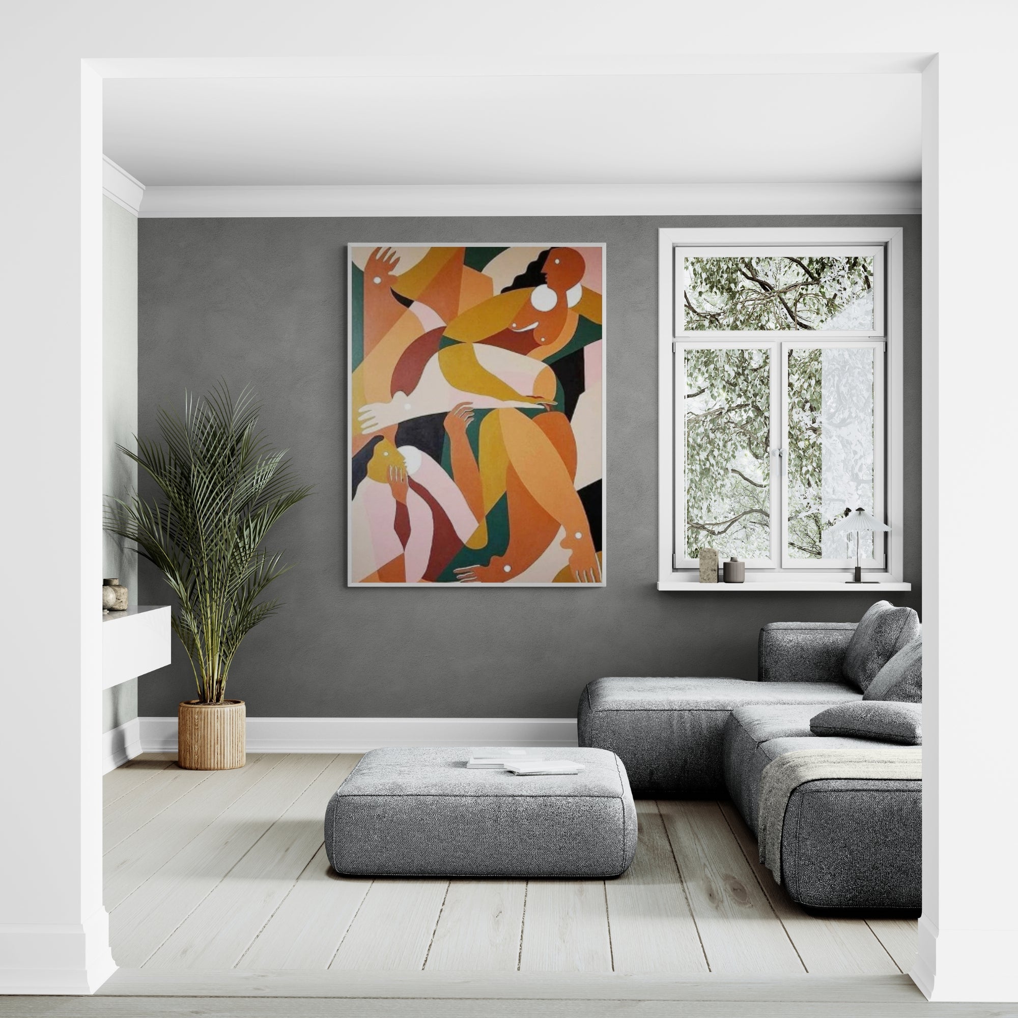 Modern oil painting with colorful abstract figures, adds energy to sleek living areas or artistic lounges
