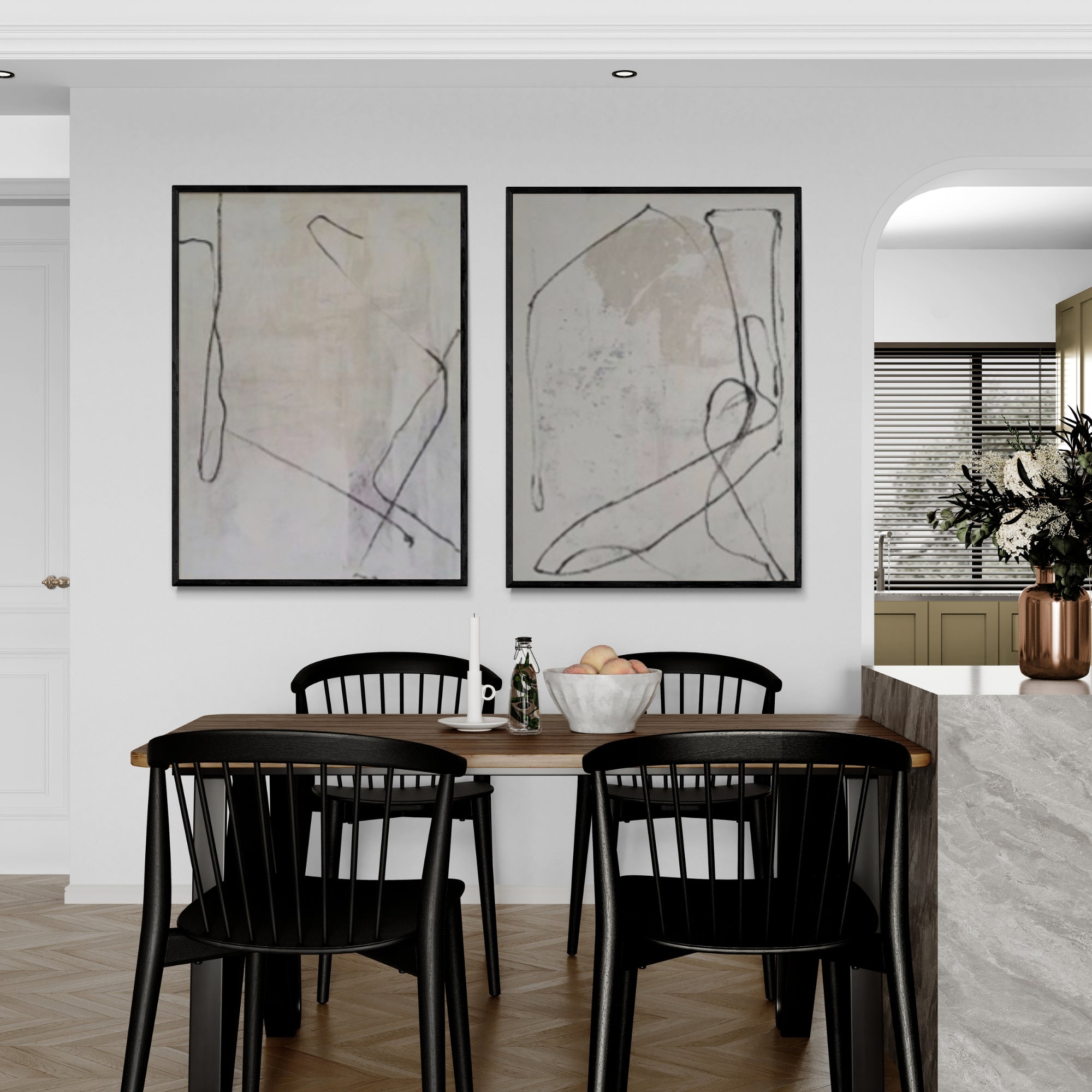 Framed 2-piece abstract painting set with organic linework, perfect for sleek interiors and gallery walls