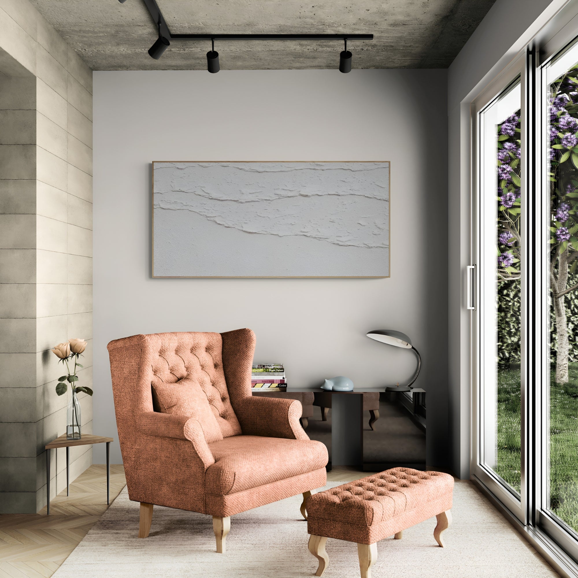 Neutral wall art with subtle texture, handmade in oil, ideal for sophisticated dining rooms or cozy nooks
