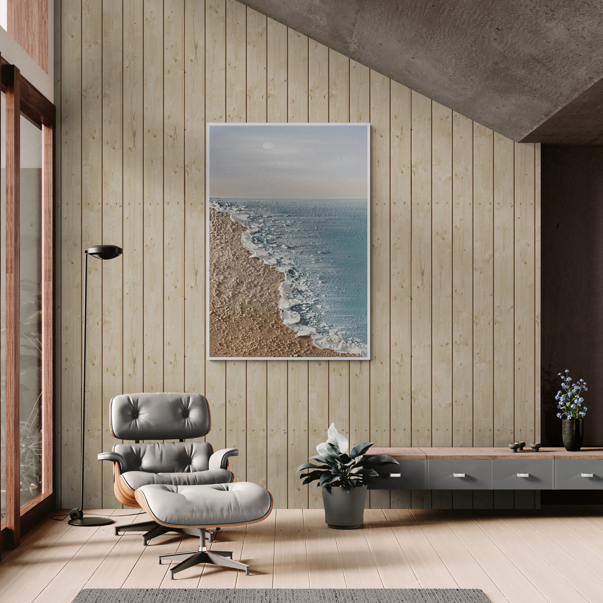Serene seascape oil painting with sandy beach, great for coastal interiors or calming minimalist spaces