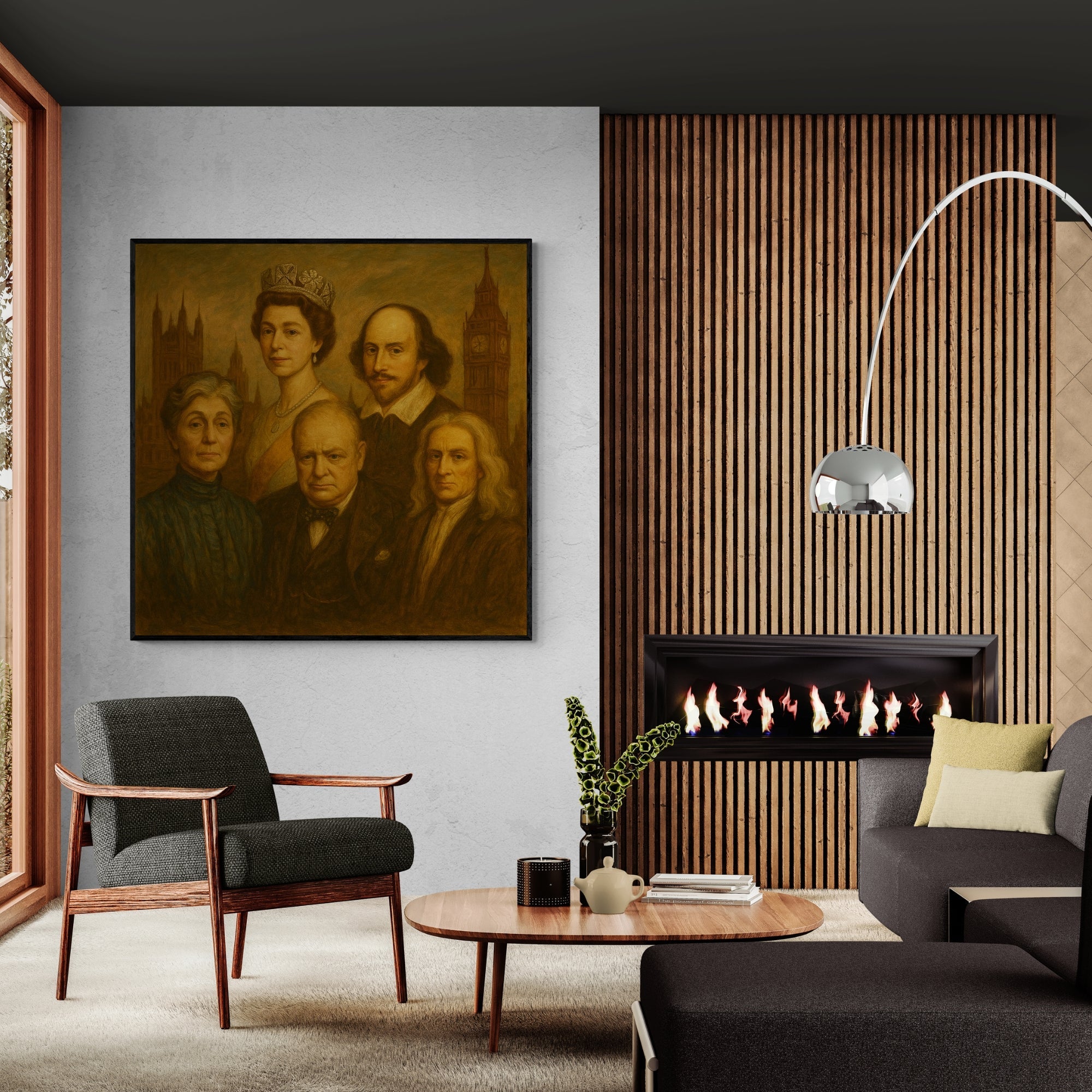 Handmade oil painting of iconic British figures, perfect for traditional home interiors or heritage-inspired offices.