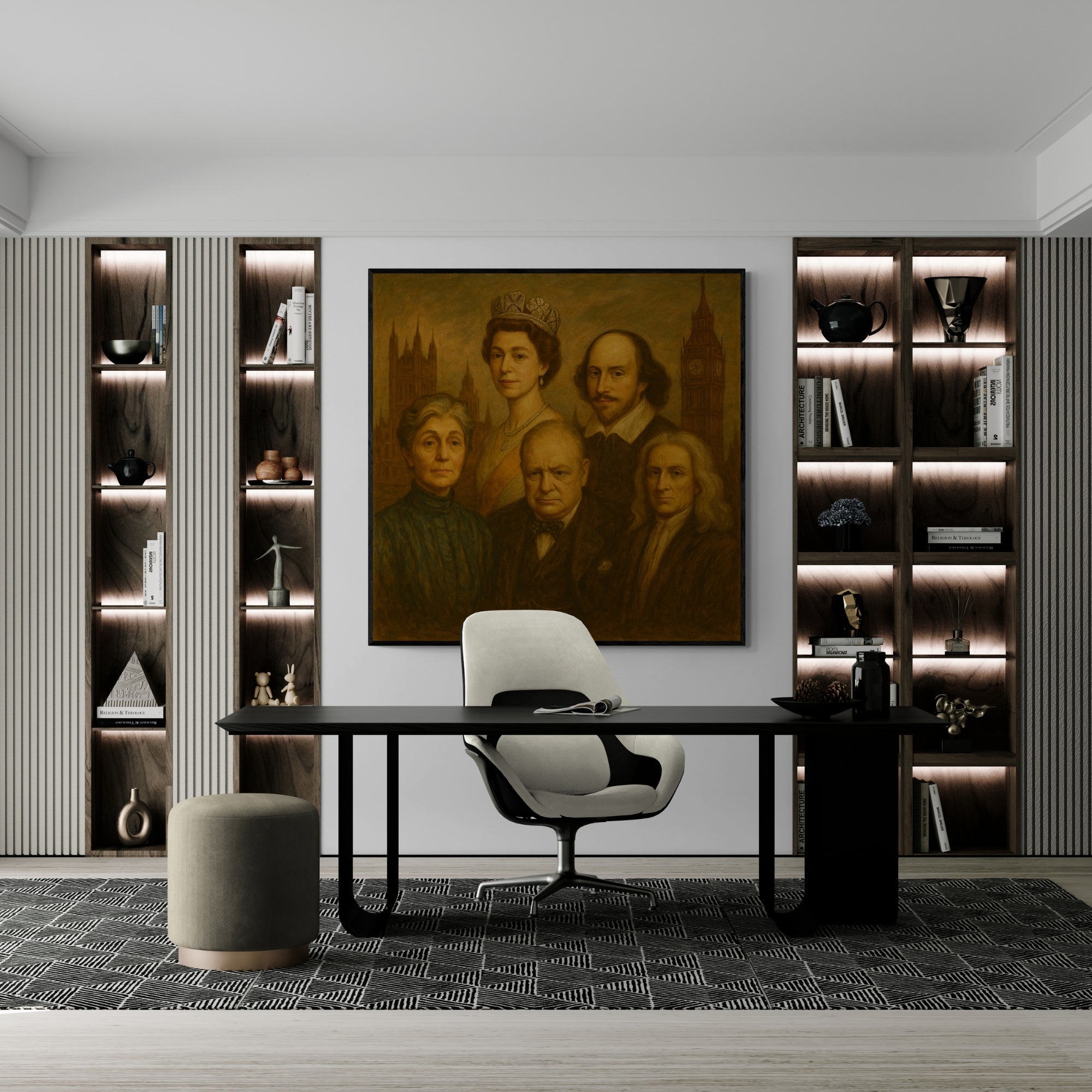 Historical wall art with British leaders and thinkers, fitting for formal meeting rooms or law offices.