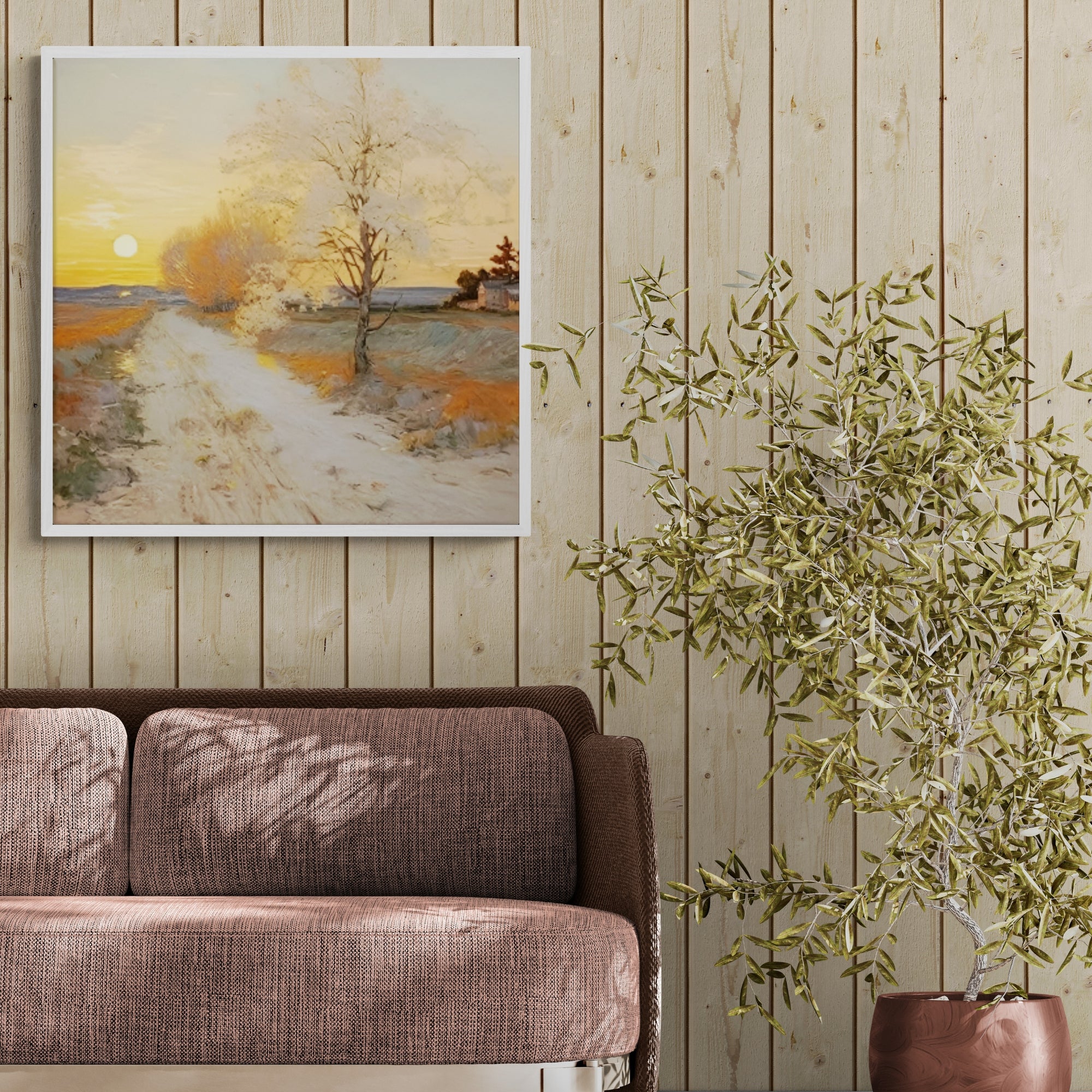Original handmade oil painting of tree-lined road at dusk, styled in a contemporary wood-accented space.