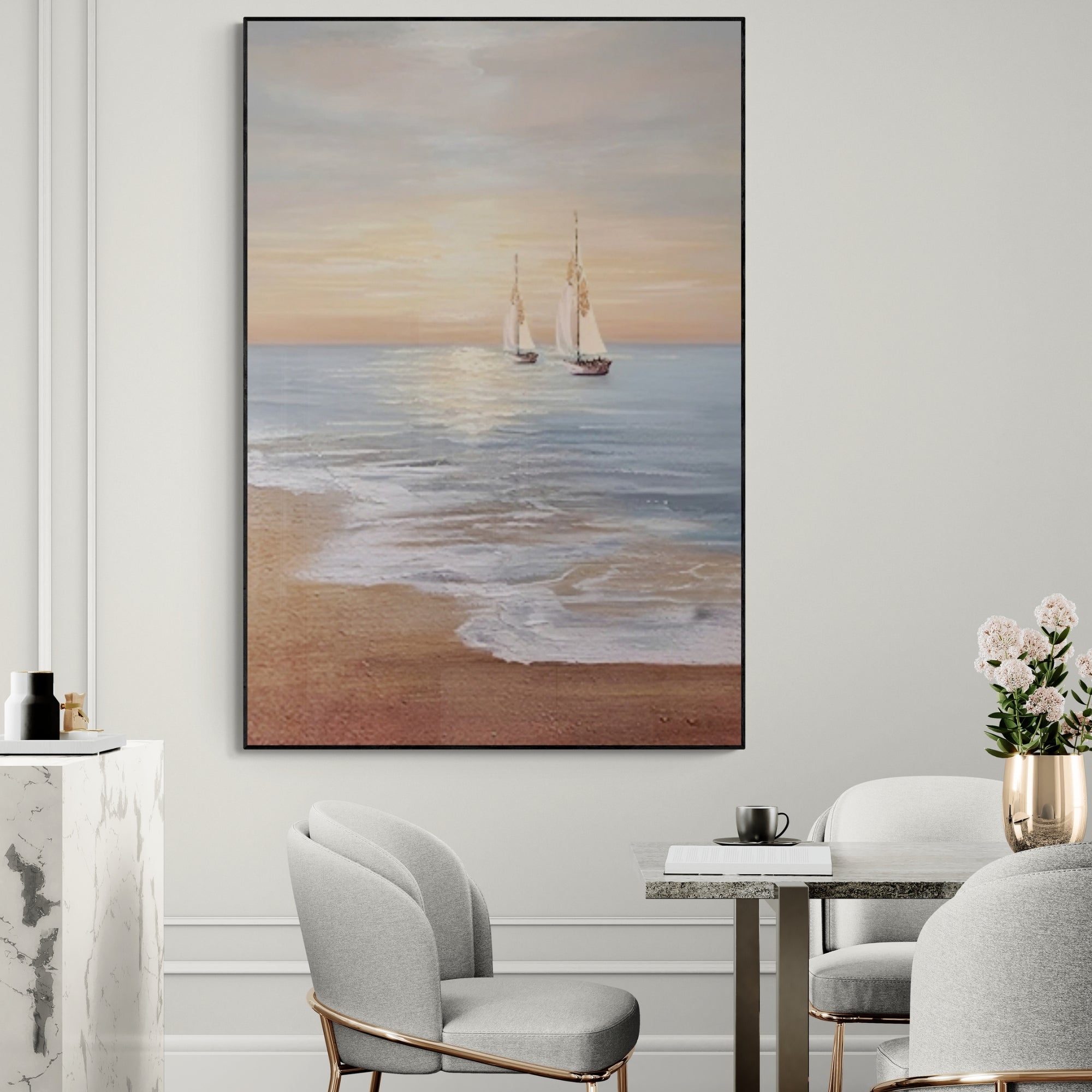 Golden-hour ocean scene with two sailboats under a glowing sky, perfectly placed in an arched hallway filled with natural light.