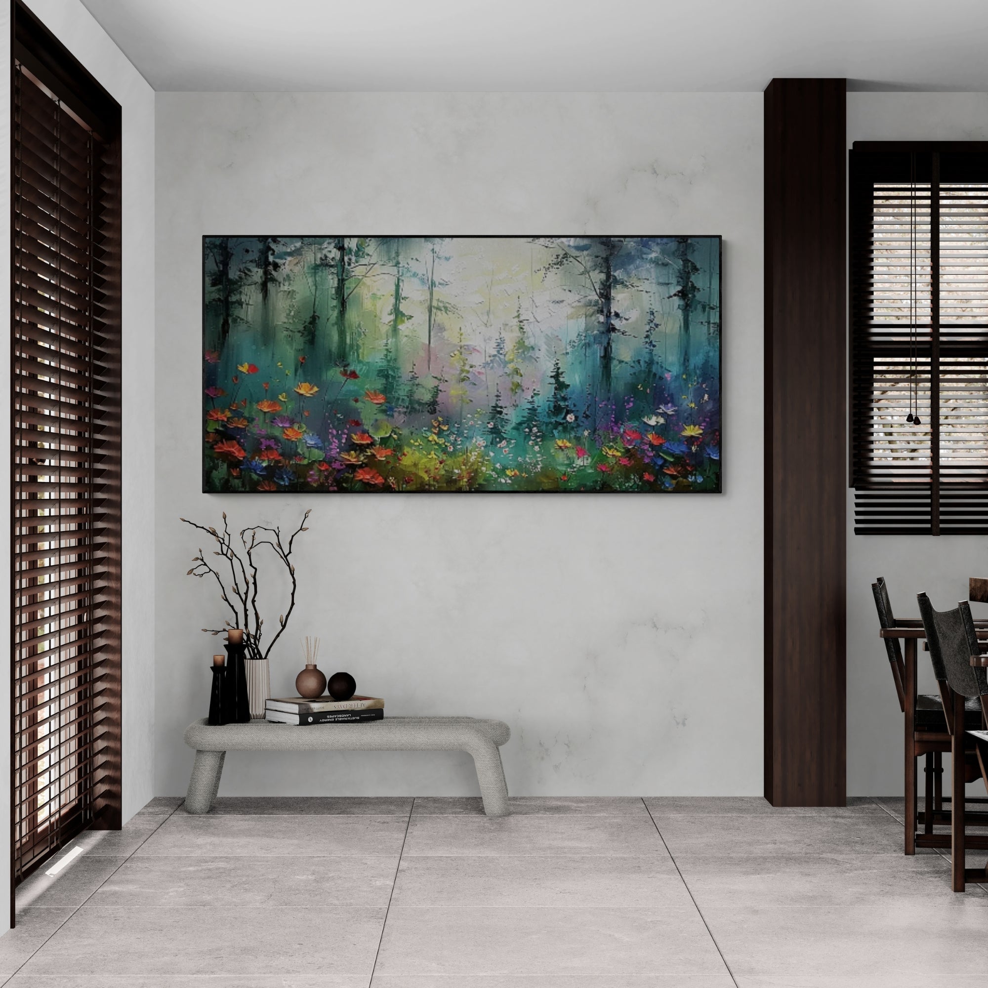 Mystical forest landscape with glowing foliage in red, orange, and violet tones, hanging above a low stone bench with decorative books and vases.