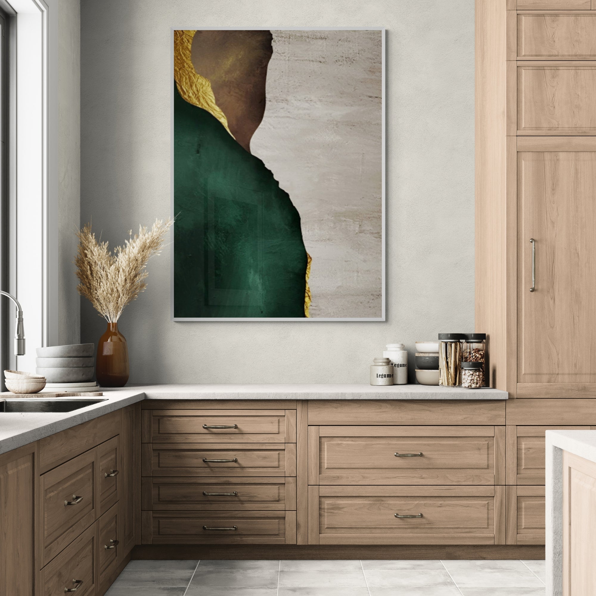 Handmade abstract art with gold, green & neutral tones, perfect for modern kitchens or cozy breakfast nooks.