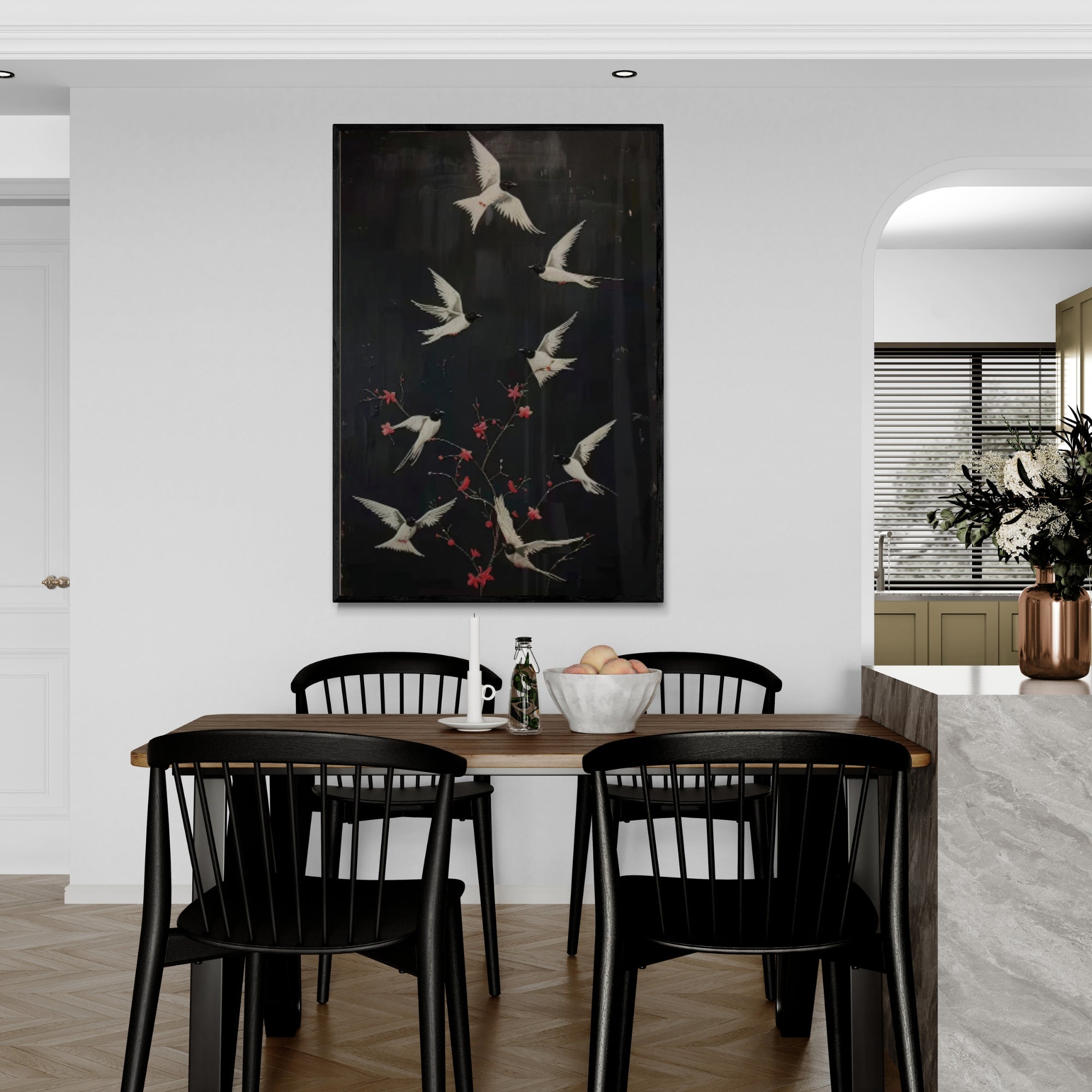 Artistic bird canvas, handmade with detail, suited for kitchens or entryways with modern flair.