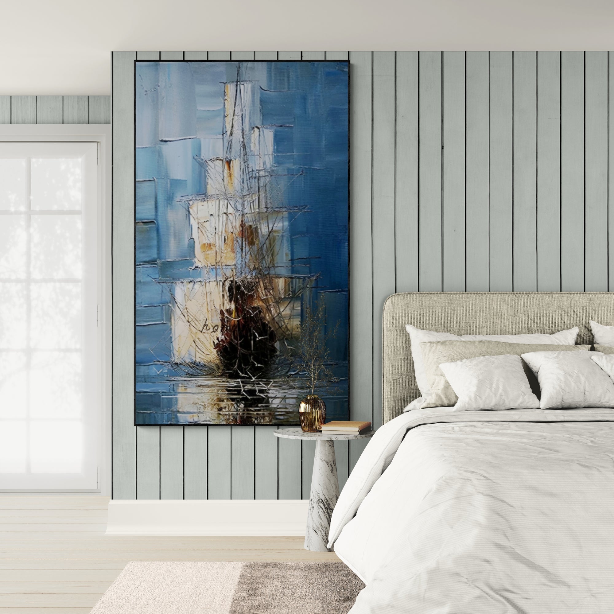 Blue sailing ship painting, handcrafted to enrich minimalist, rustic, or marine-style interiors.