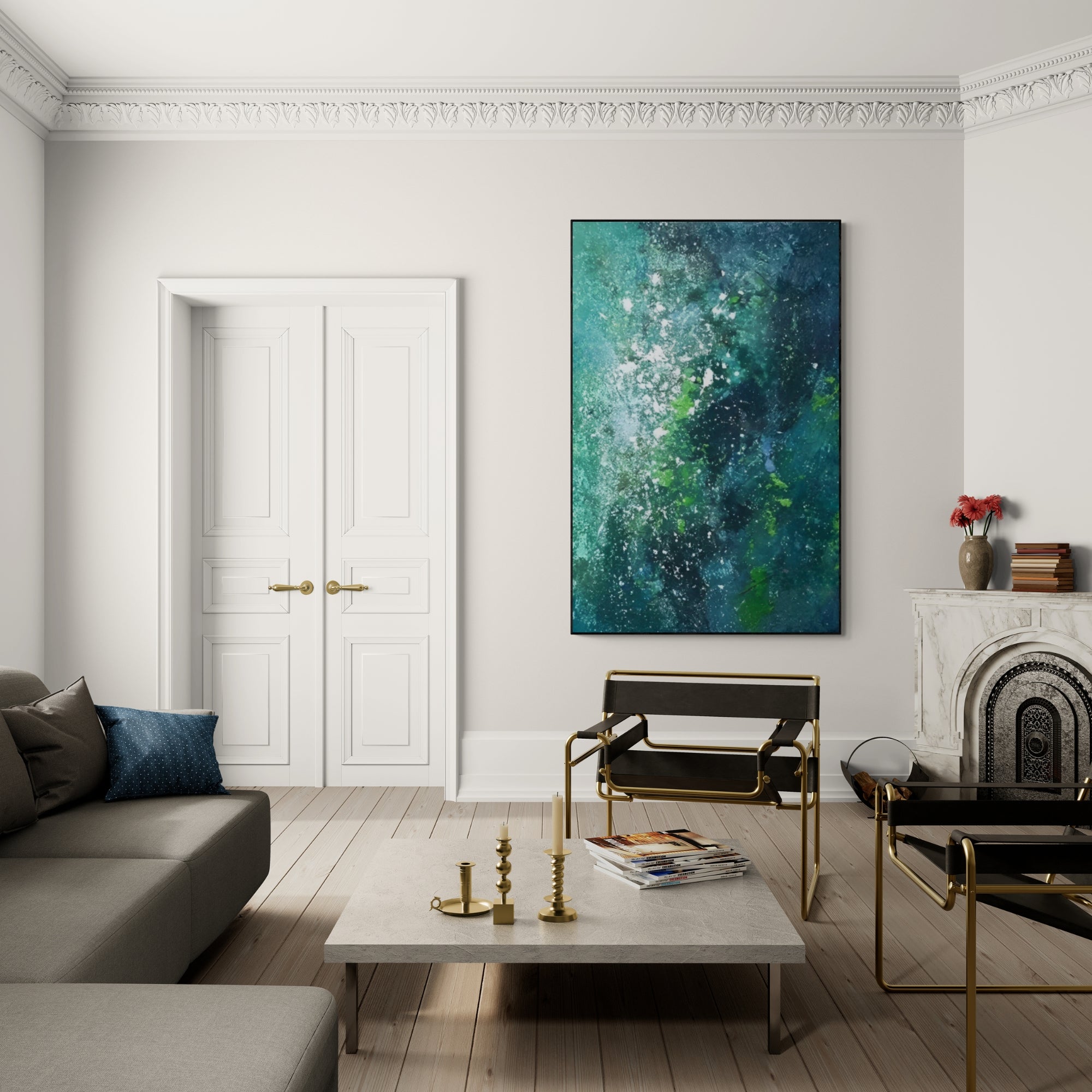Statement green handmade painting suited for upscale offices, lofts, or luxury home settings.