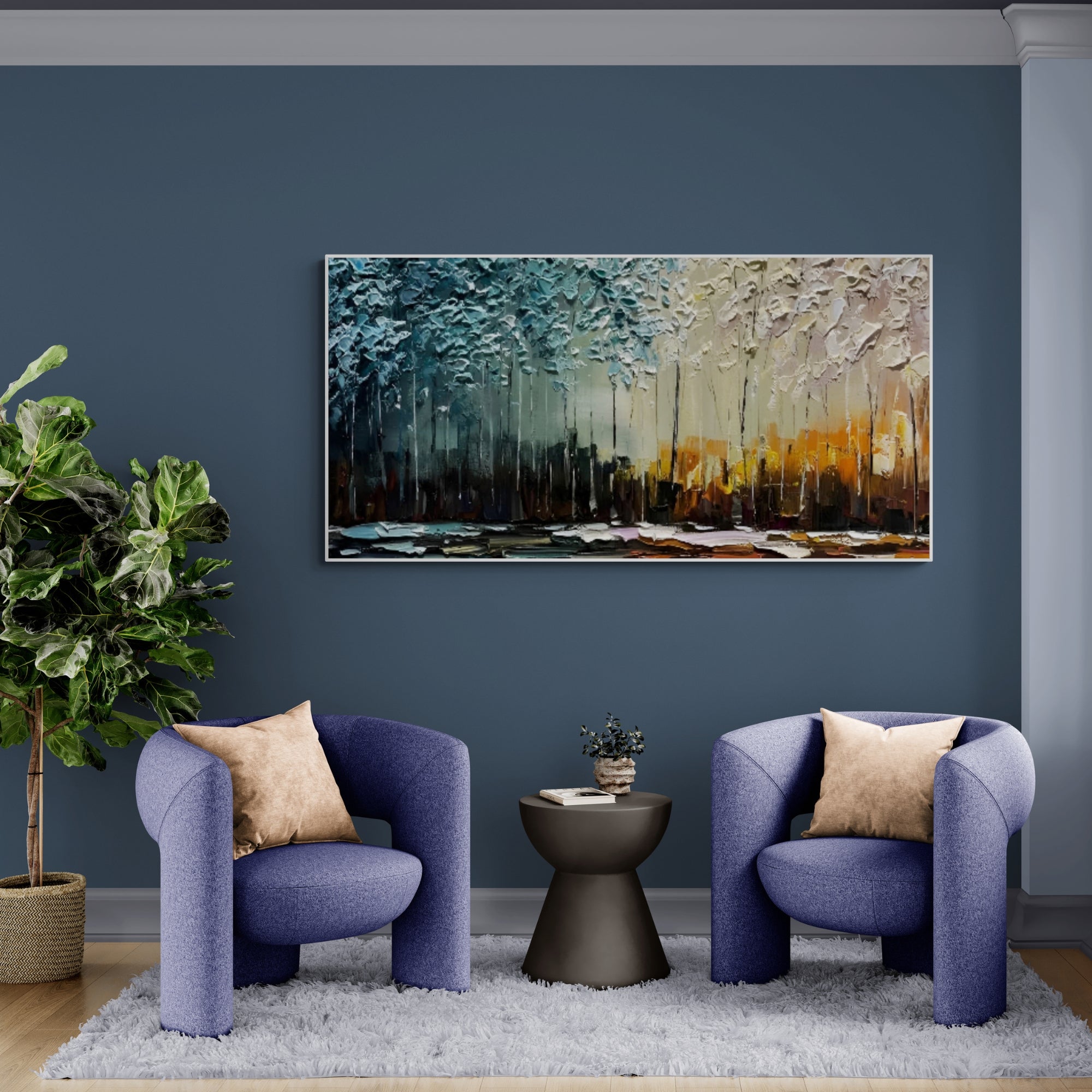 Bold handmade oil piece that enhances contemporary interiors with organic energy.