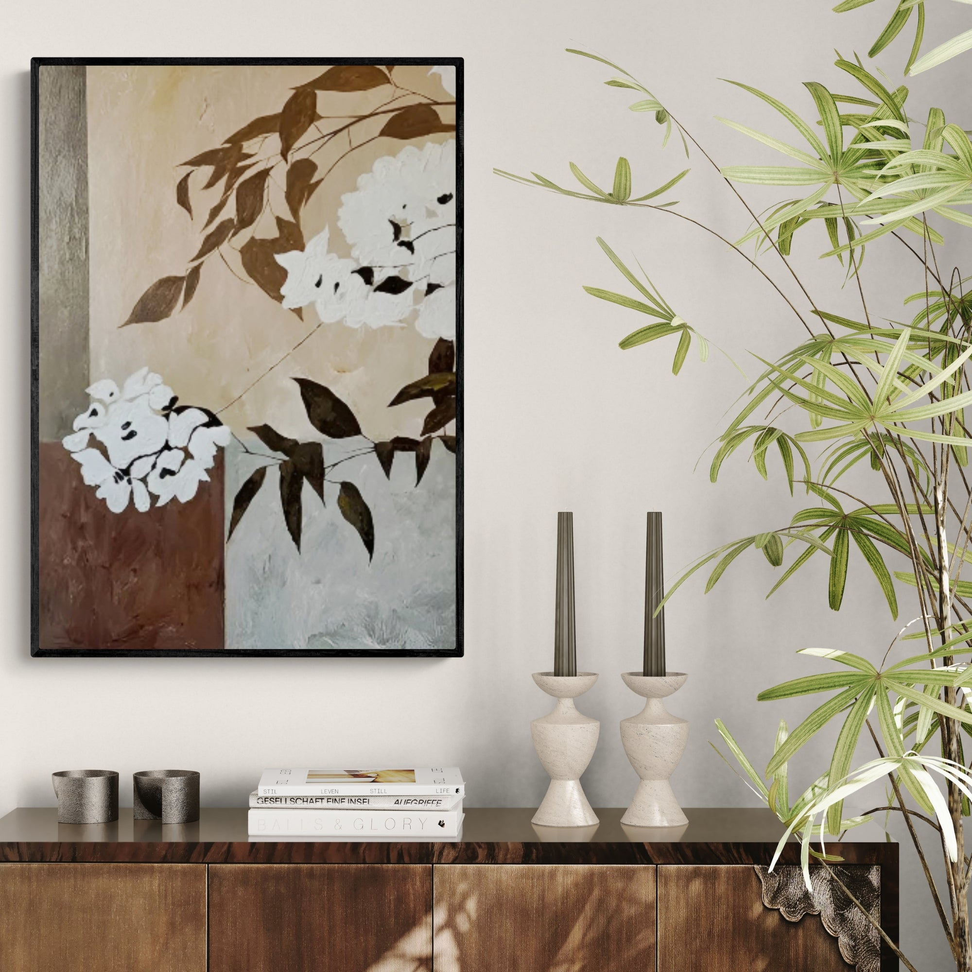 This botanical wall art enhances minimal spaces with its soft, neutral palette.