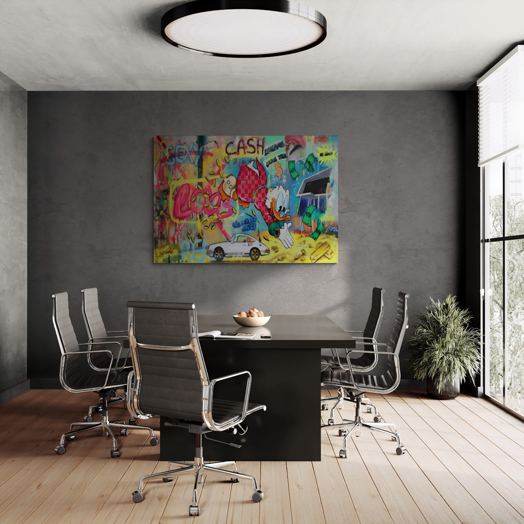 A stunning explosion of color and creativity in this cartoon-themed graffiti painting. Featuring a mix of hip-hop, luxury branding, and nostalgic animation references, this unique canvas is ideal for modern, stylish interiors.