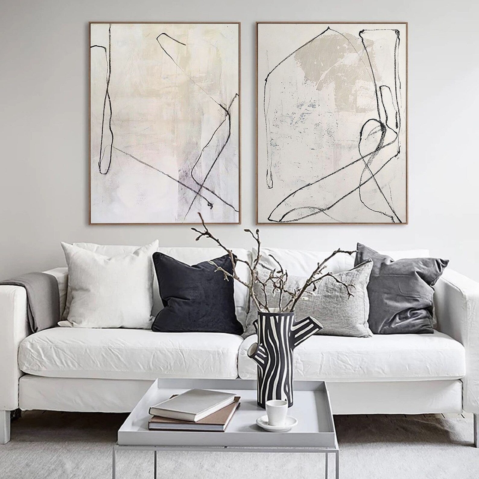 Neutral abstract duo painting set with fine lines, ideal for contemporary kitchens or calm creative spaces