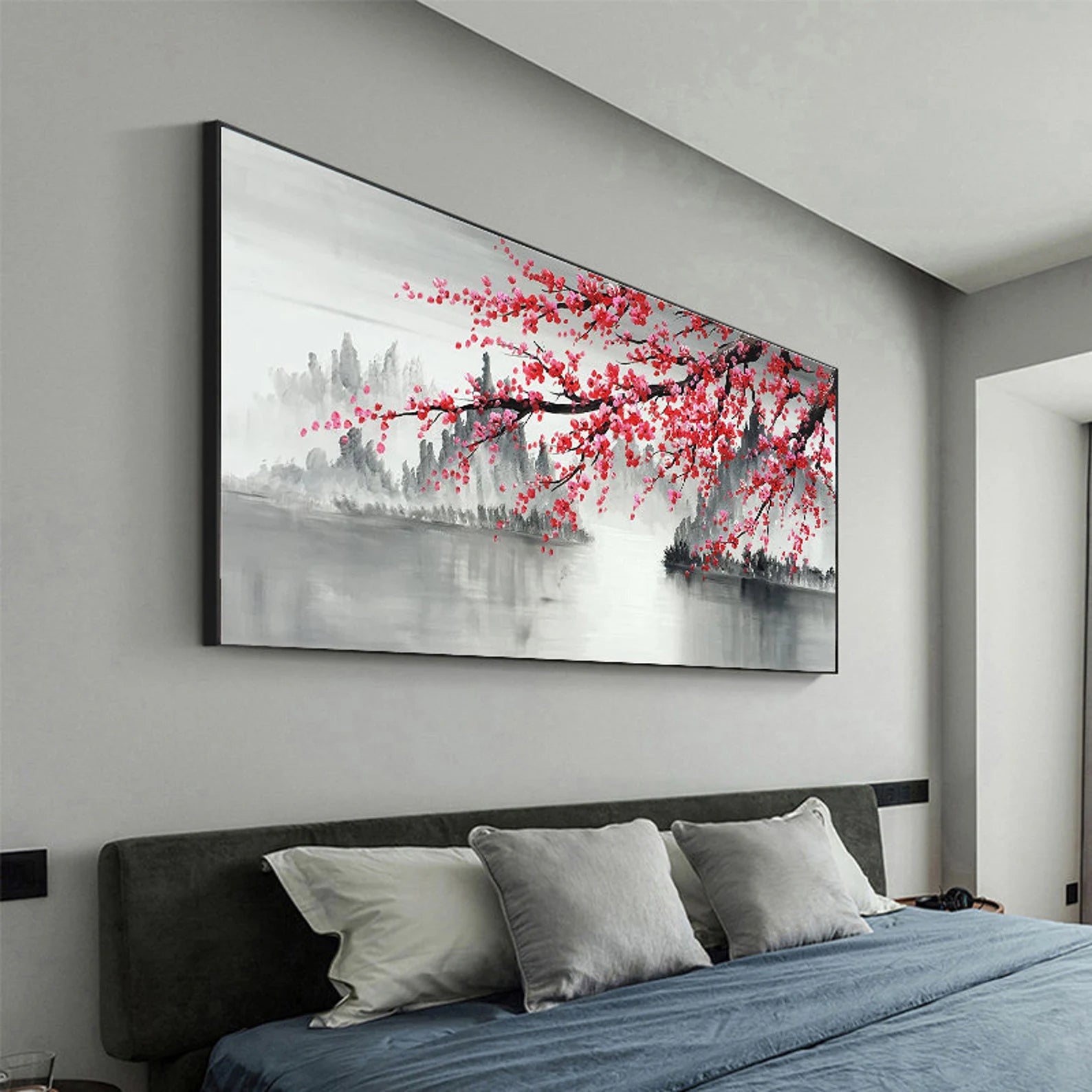 Contemporary wall decor with oriental floral painting in serene home setting