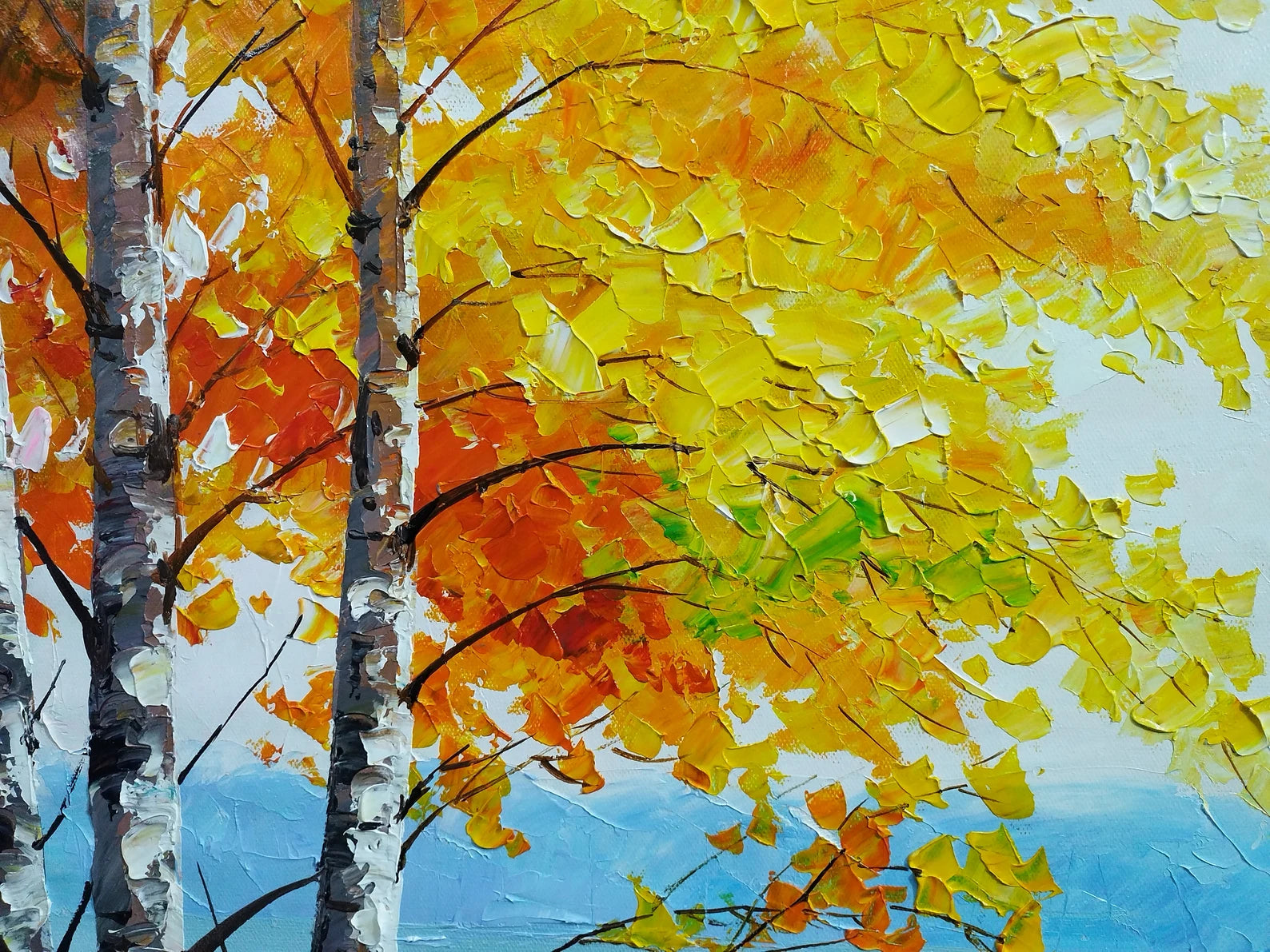 Nature-inspired panoramic wall art showcasing golden trees by a peaceful lake