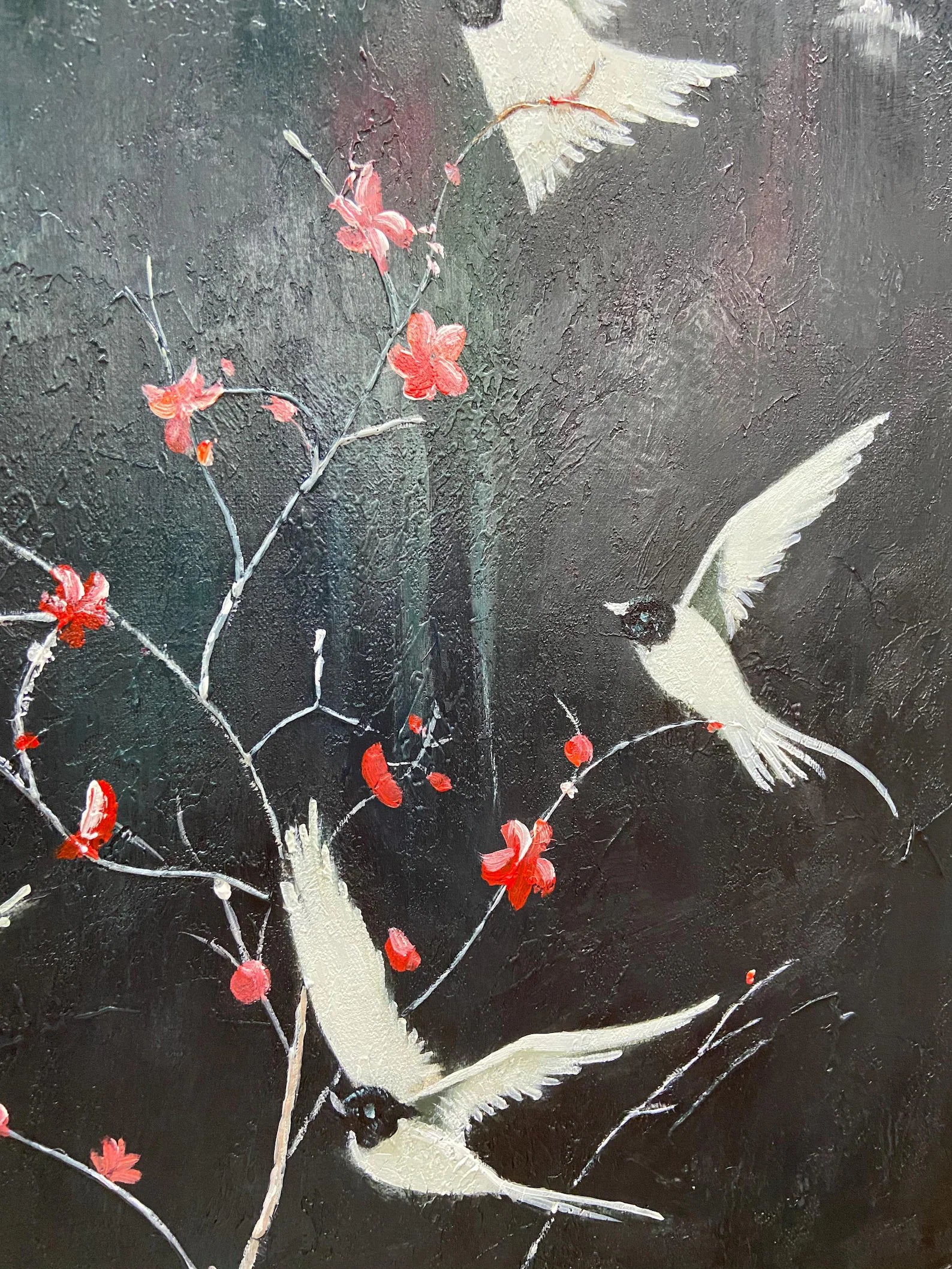 Hand-painted bird wall art, great for adding contrast and movement to minimalist home spaces.