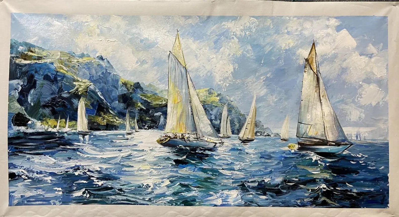 Vivid oil painting of yachts on open water, capturing the thrill of sailing and the shimmer of light on waves—an excellent choice for yacht clubs, seaside properties, or stylish interiors with a love for the sea.