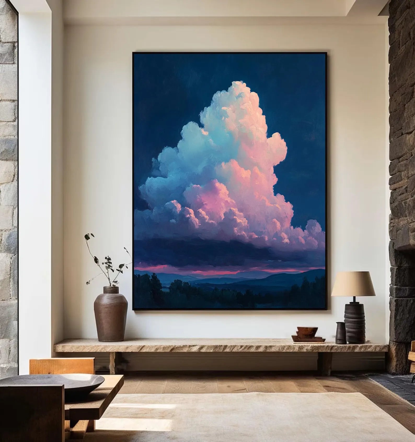 Hand-painted cloudscape oil painting with dreamy pink and blue hues, perfect for modern home decor and serene interiors.