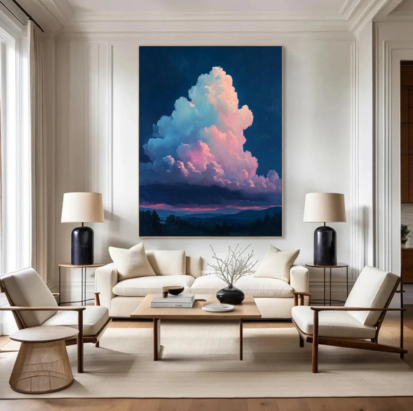 Large handmade oil painting of dramatic clouds over distant mountains, blending soft pastels with deep blue tones.