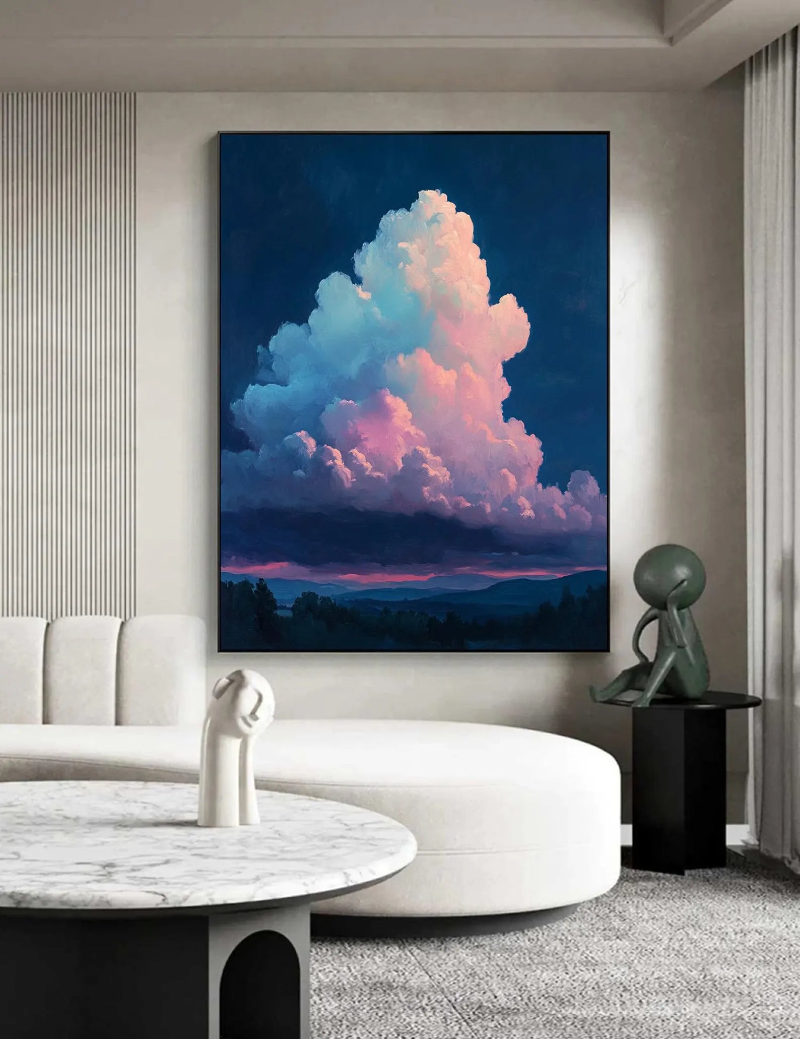 Tranquil oil painting of a luminous cloud formation at dusk, adding depth and elegance to contemporary wall art collections.