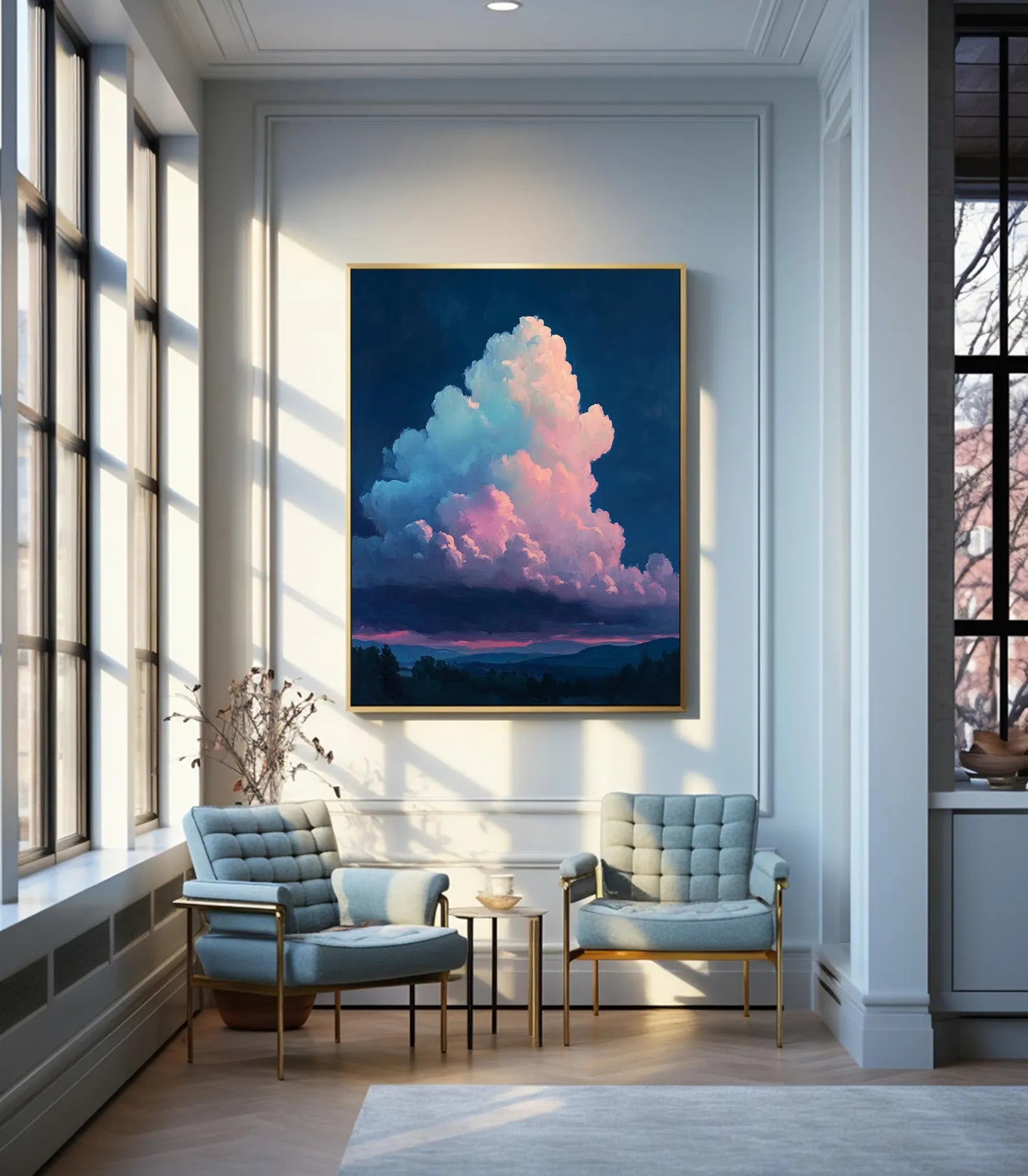 Serene cloud art featuring a twilight sky, hand-painted with rich textures and moody lighting for sophisticated wall decor.