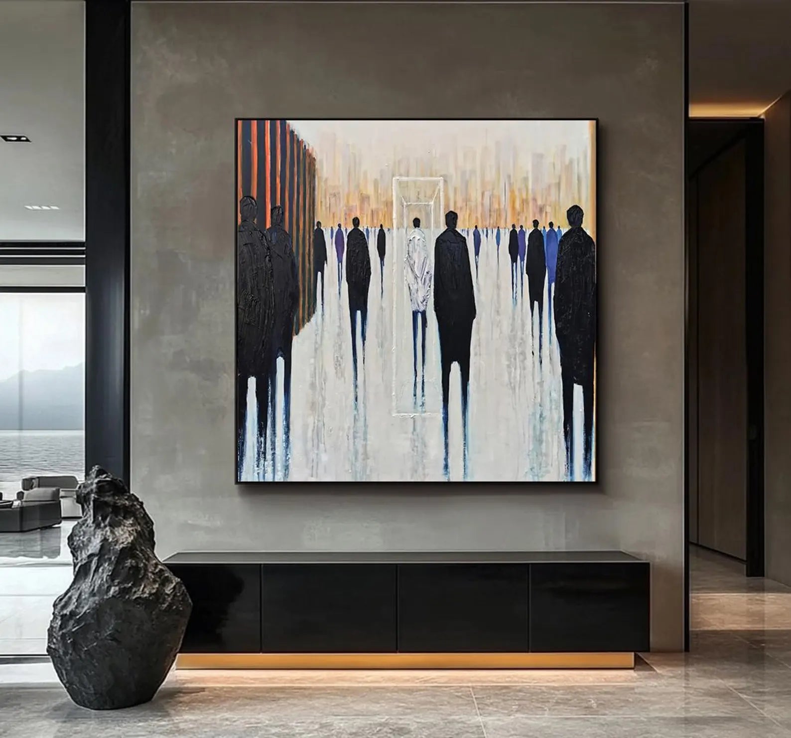 Original abstract figures artwork, adds depth and thoughtfulness to clean, open interiors